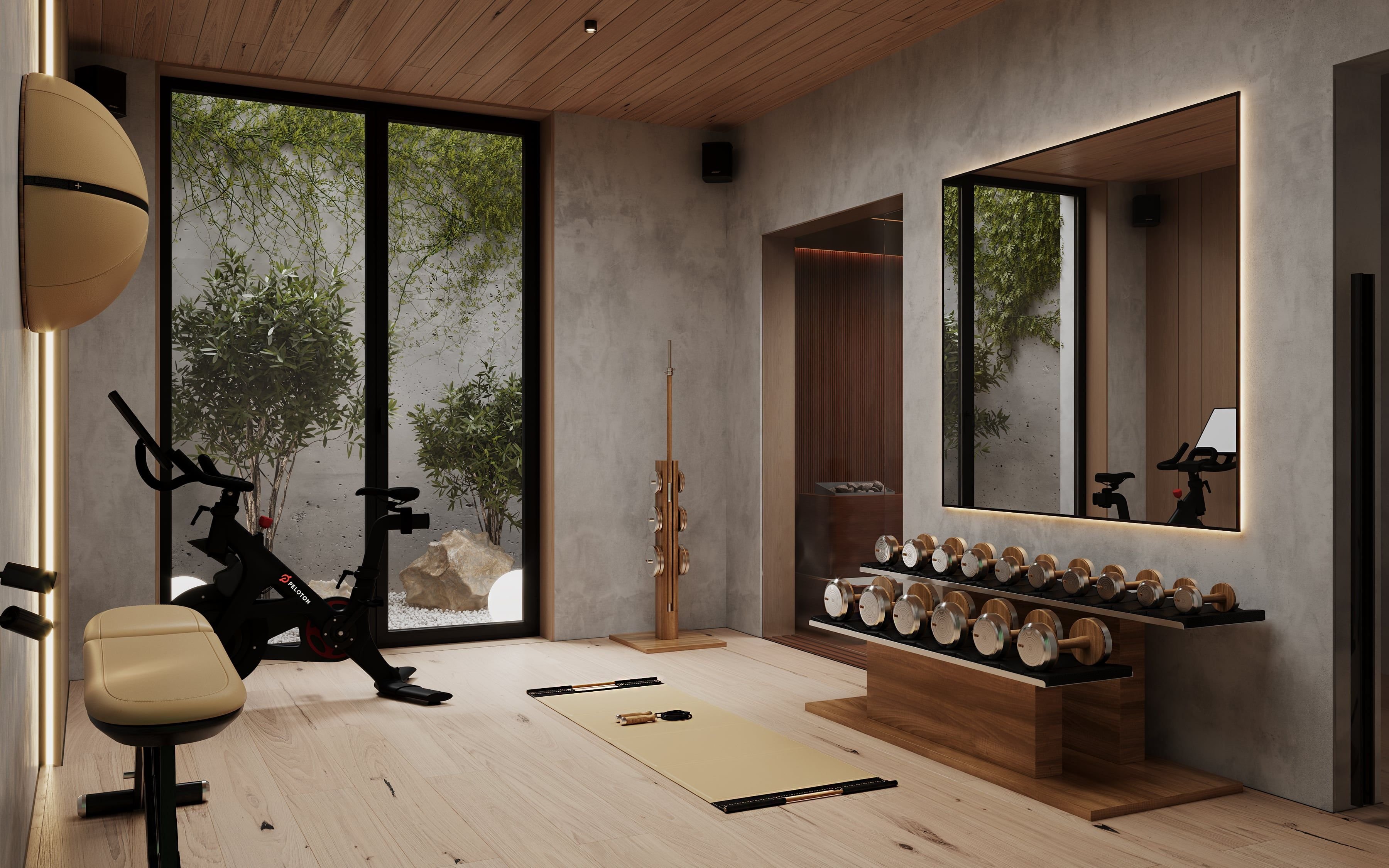 3D Architekturvisualisierung eines Heim-Fitnessstudios mit Sauna in einem Privathaus in Berlin, Deutschland