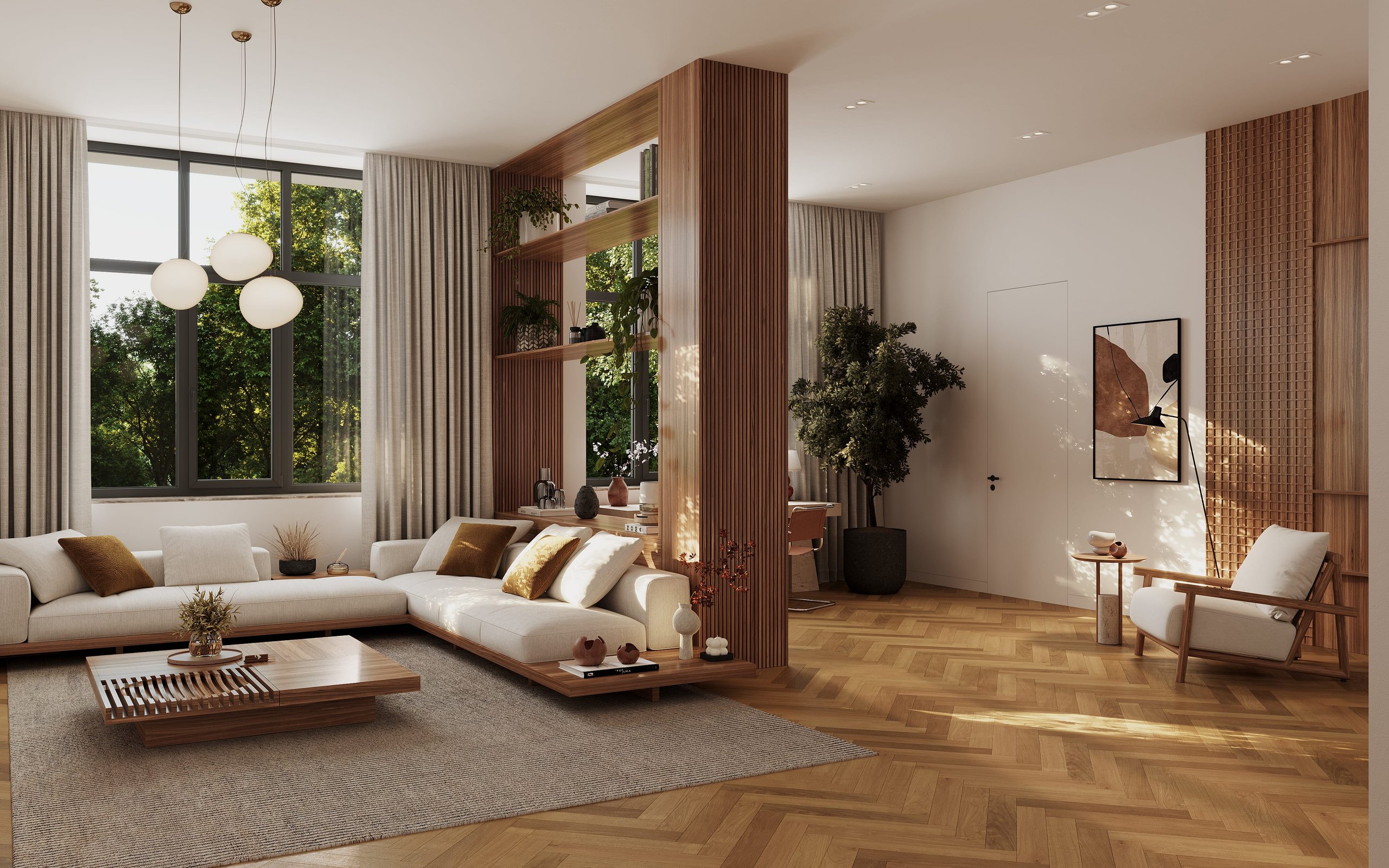 3D rendering of a living room interior in the Kreuzgasse multifamily housing project, featuring modern furnishings and large windows with natural light.