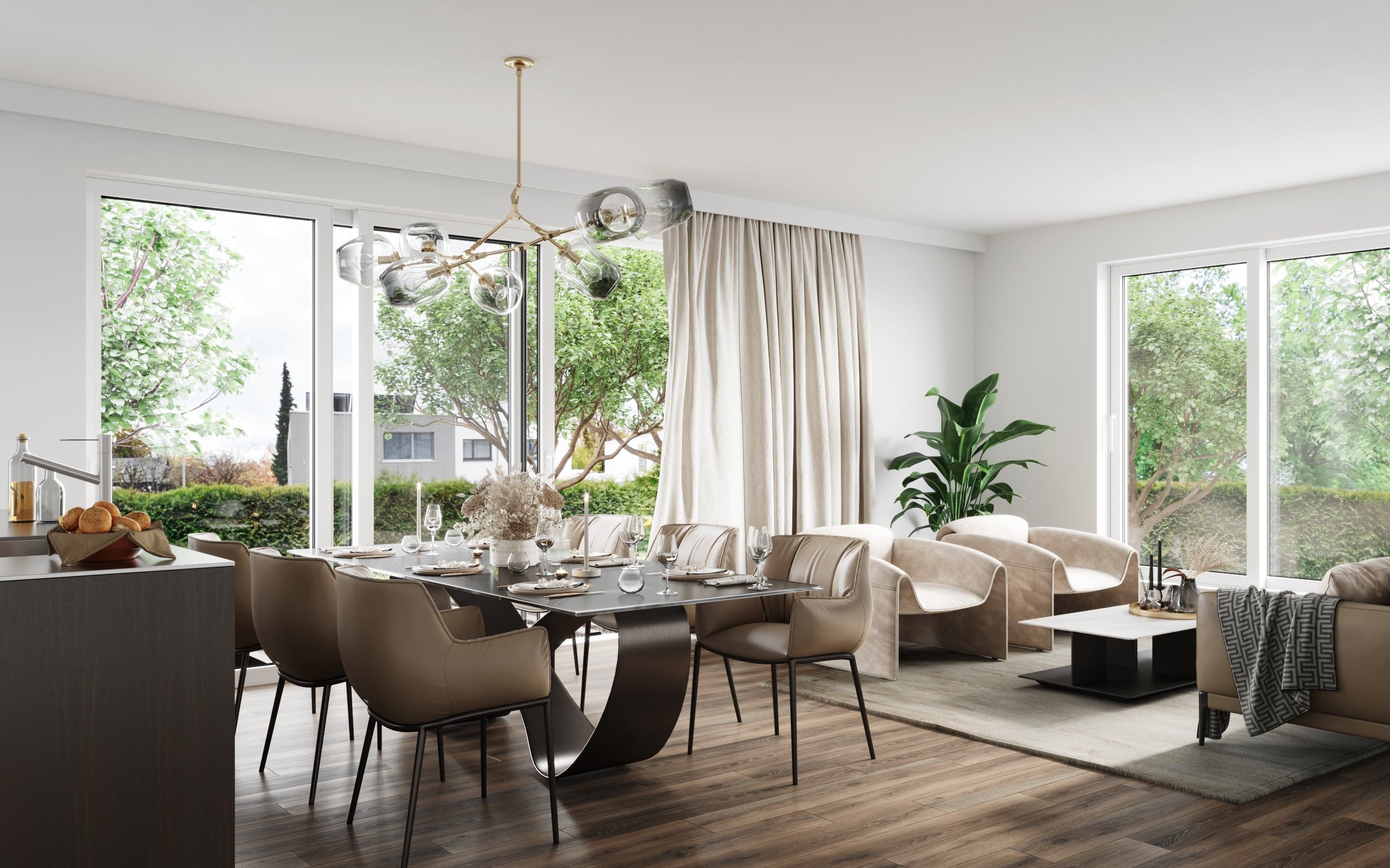 3D Interior Visualization of the living room with dining room and kitchen in Munich Germany