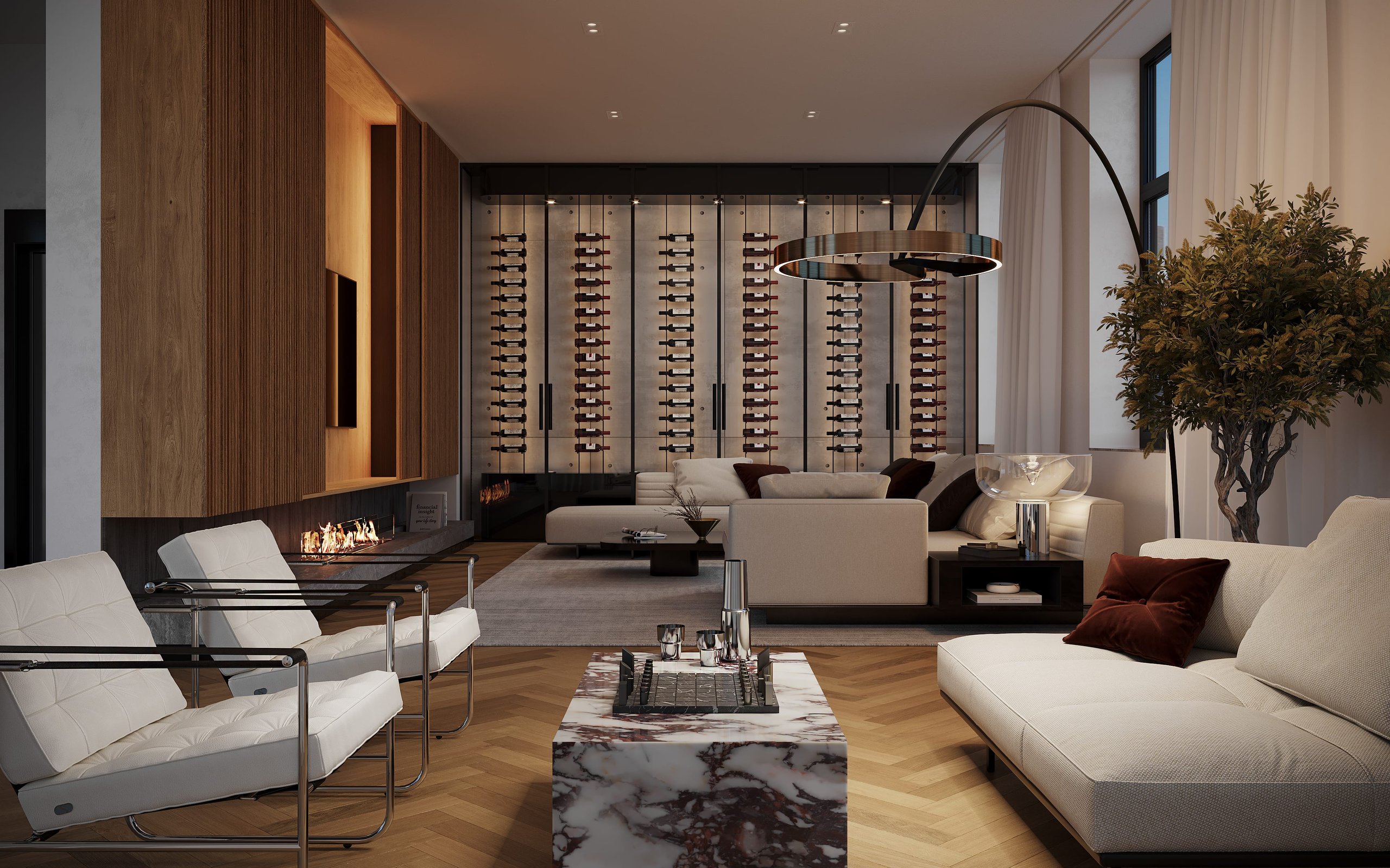 3D rendering of a living room interior in the Kreuzgasse multifamily housing project, featuring modern furnishings and large windows with natural light.