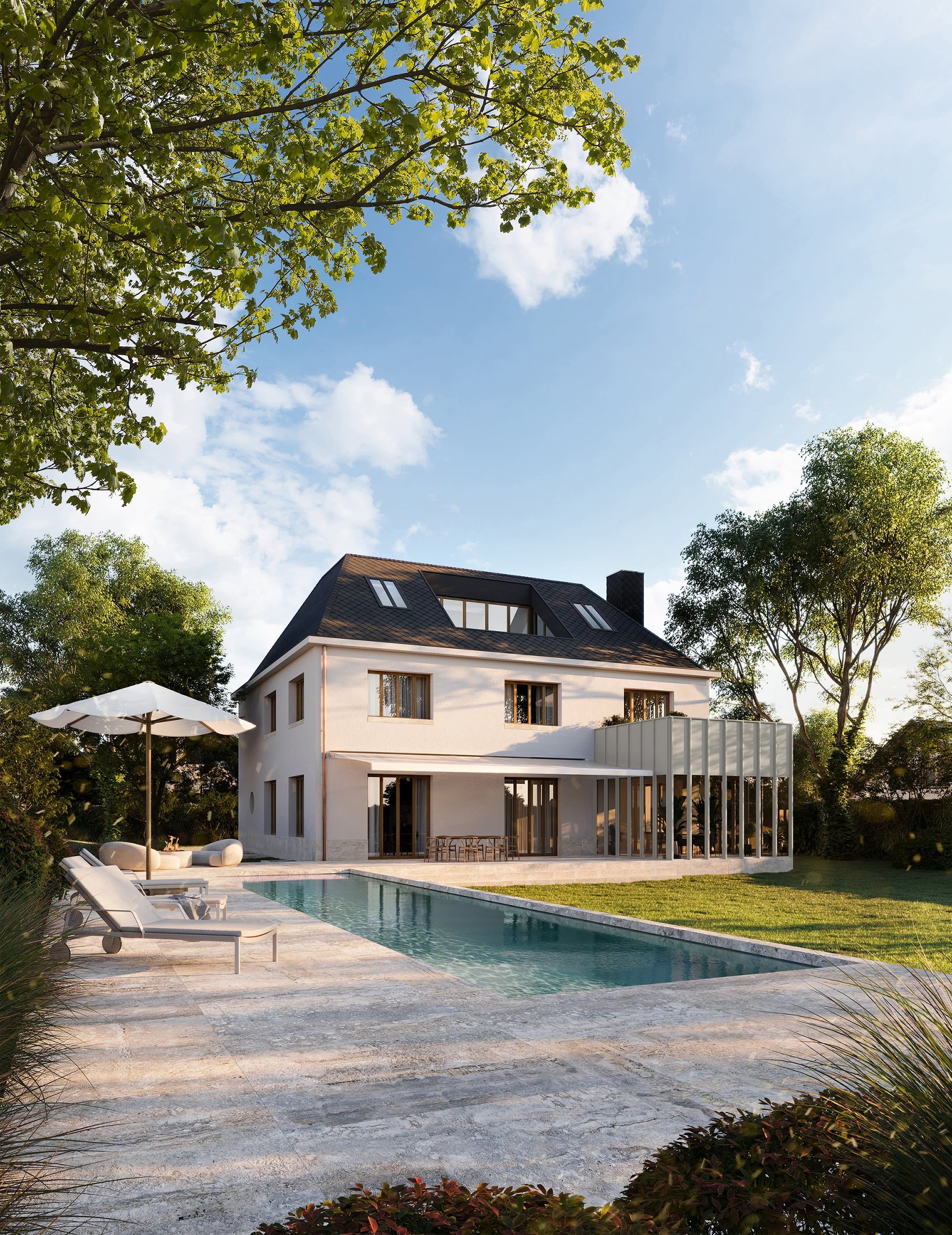 3D Architectural Visualization of private elegant house with pool with facade variations