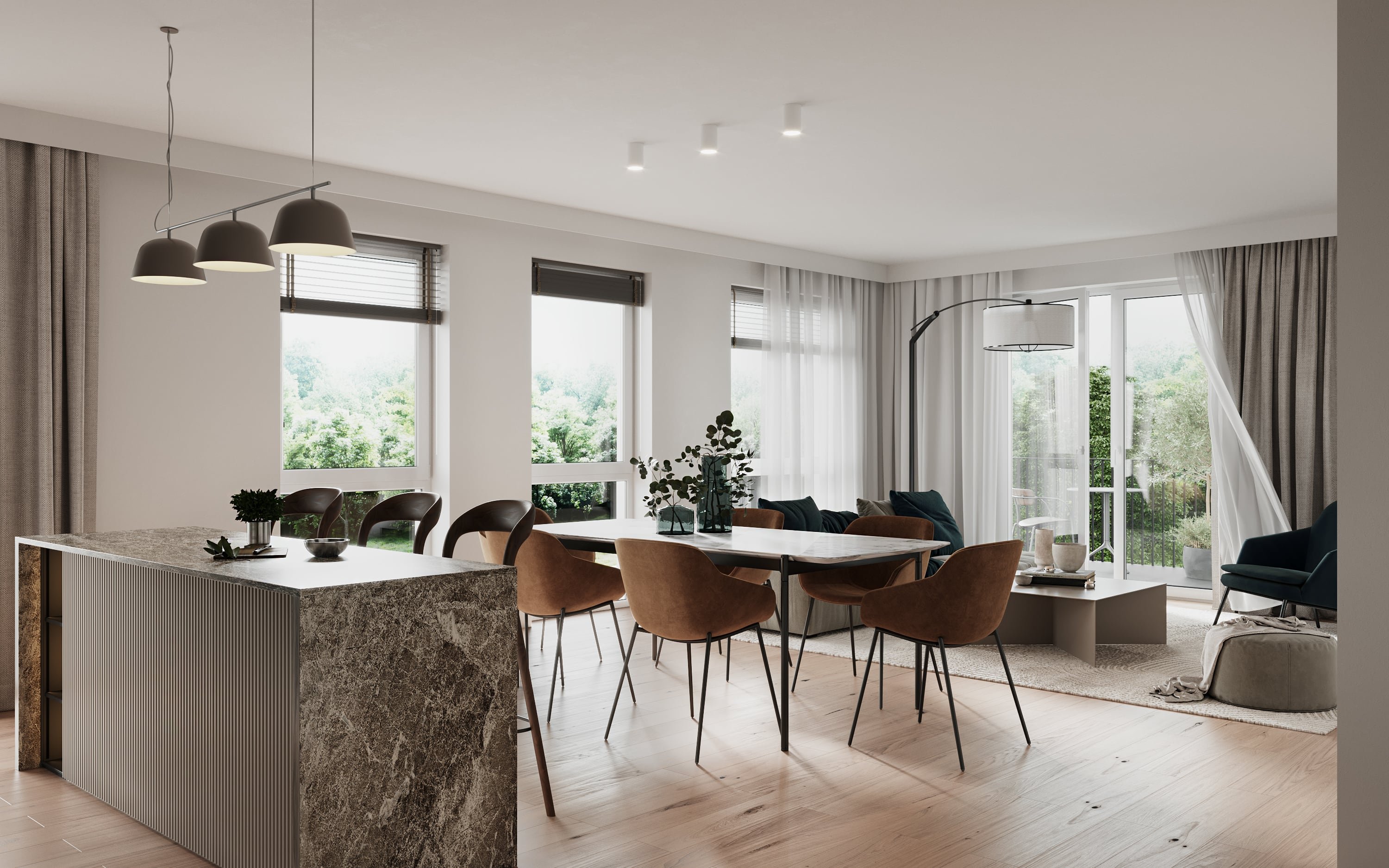 3D Architectural visualization of penthouse with kitchen island, dining area and living room in Osdorfer Landstraße Hamburg Germany