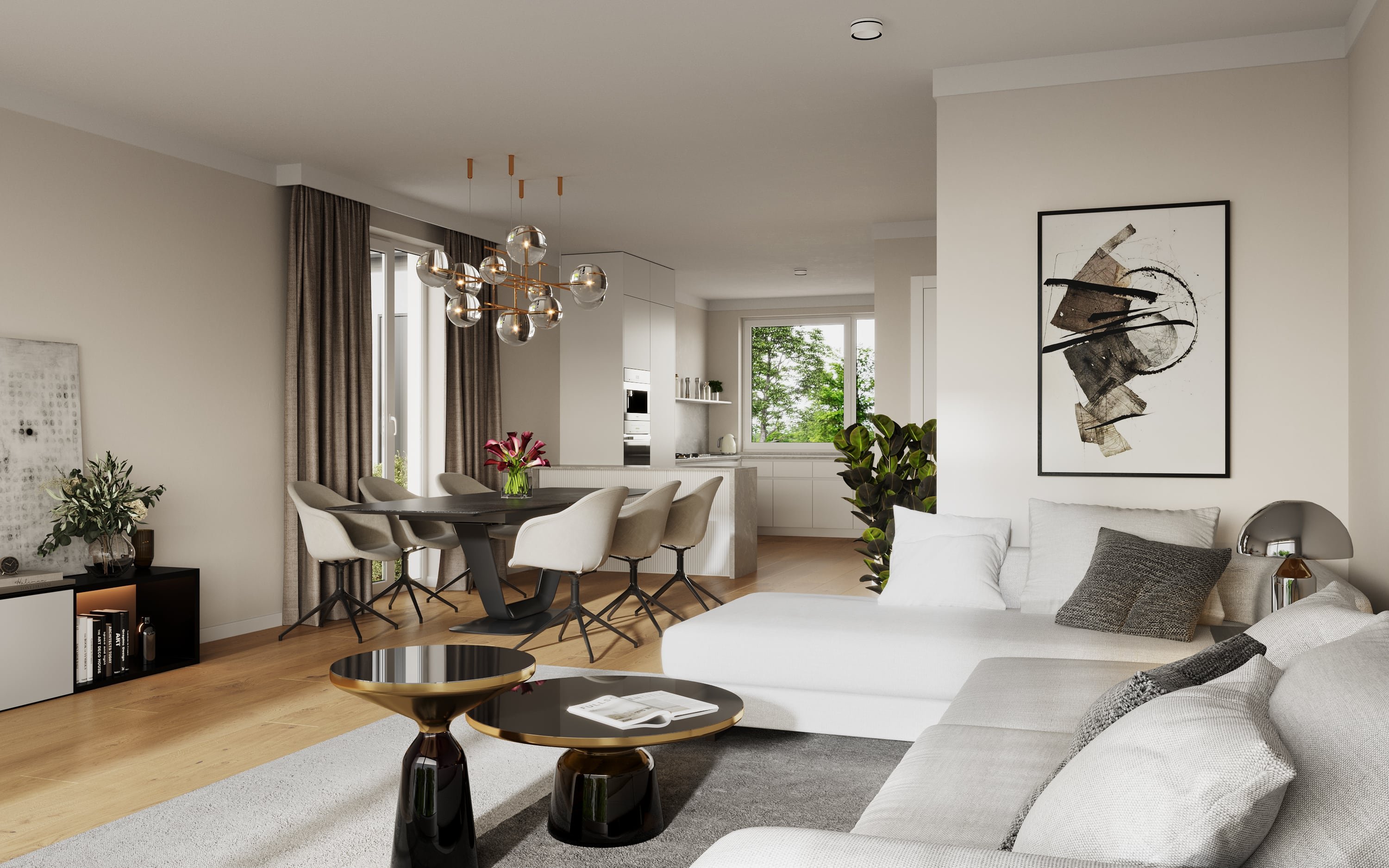 3D Interior visualization of the living room with dining area and kitchen in townhouse in Bahnstrasse Munich Germany