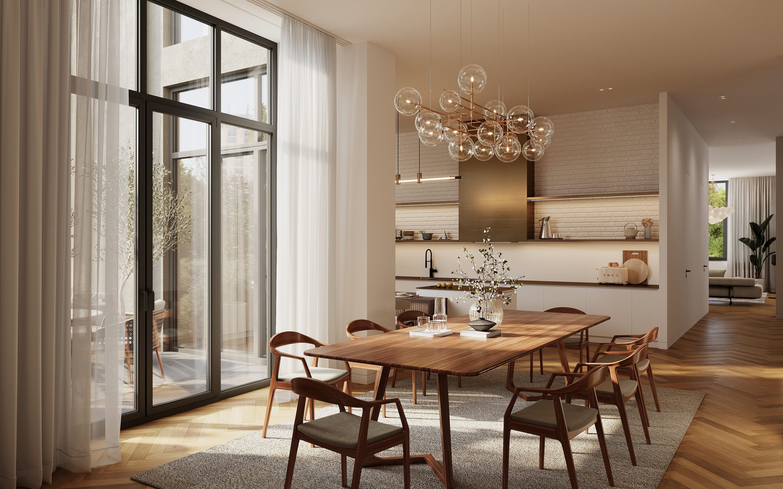 3D rendering of a living room interior in the Kreuzgasse multifamily housing project, featuring modern furnishings and large windows with natural light.