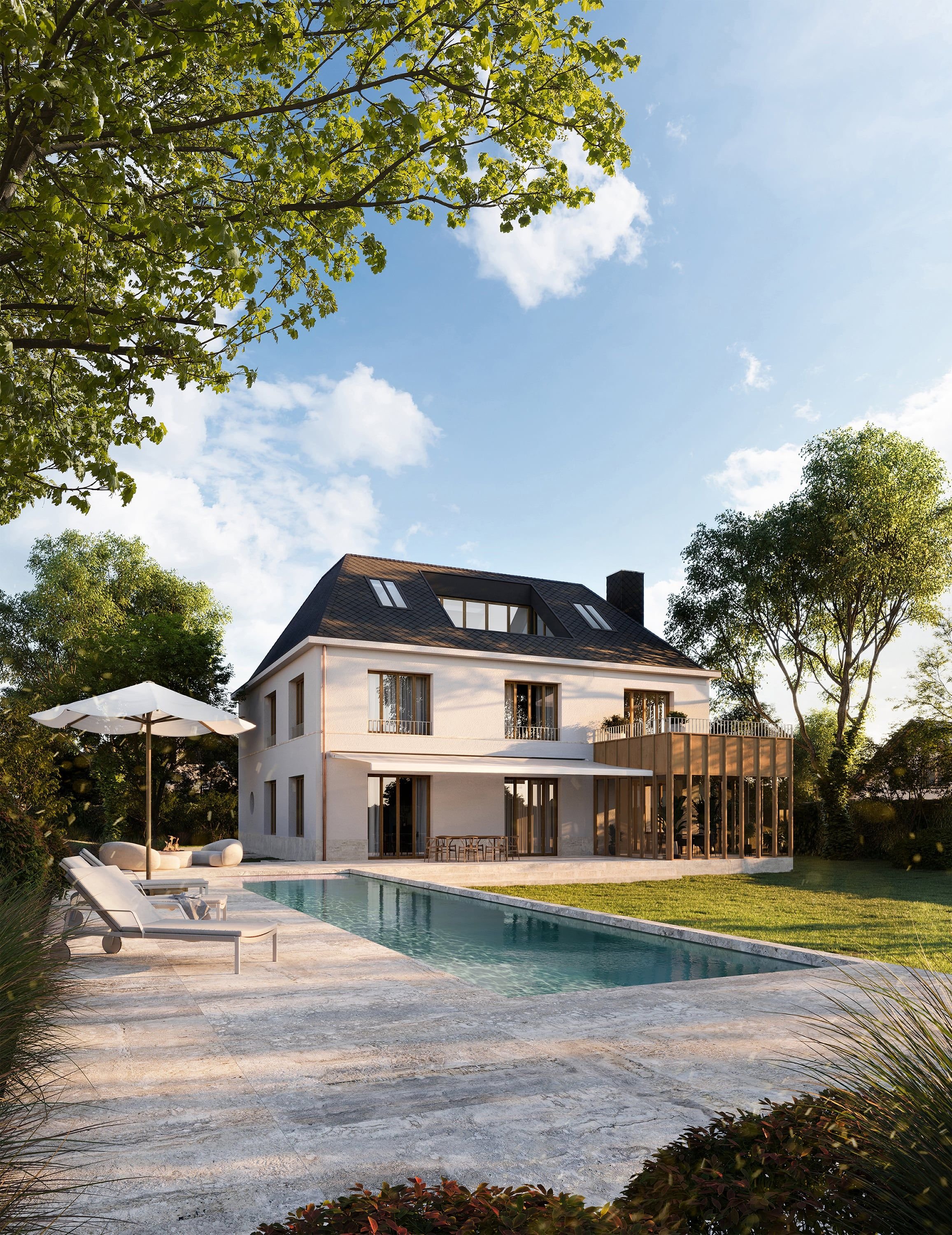 3D Architectural Visualization of private elegant house with pool with facade variations