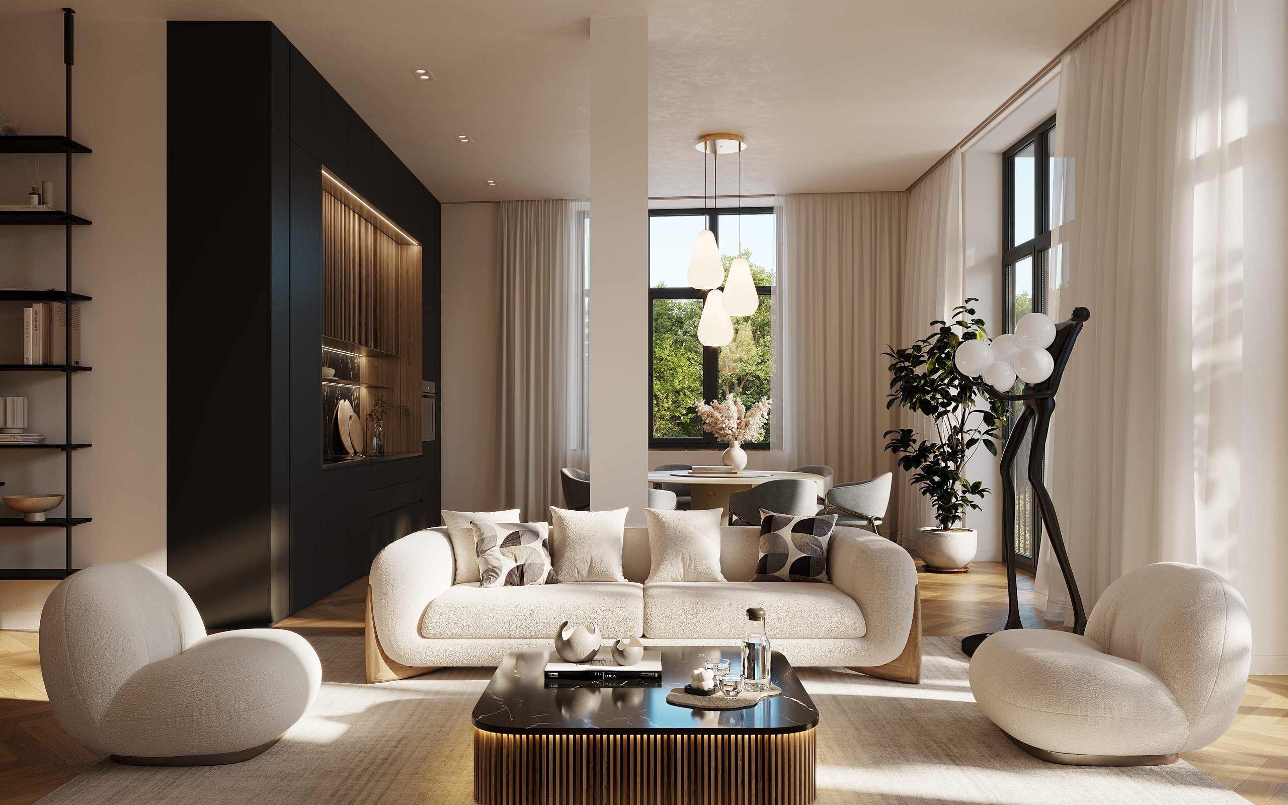 3D rendering of a living room interior in the Kreuzgasse multifamily housing project, featuring modern furnishings and large windows with natural light.