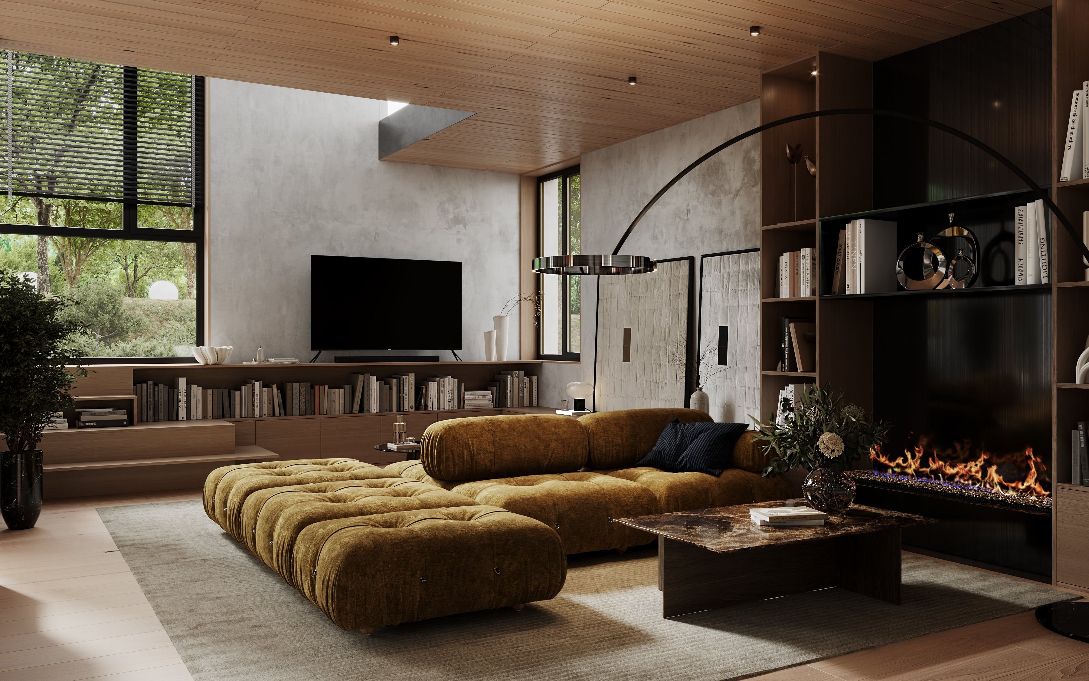 3D Architectural Visualization of living room with fireplace and library in private house Berlin, Germnay