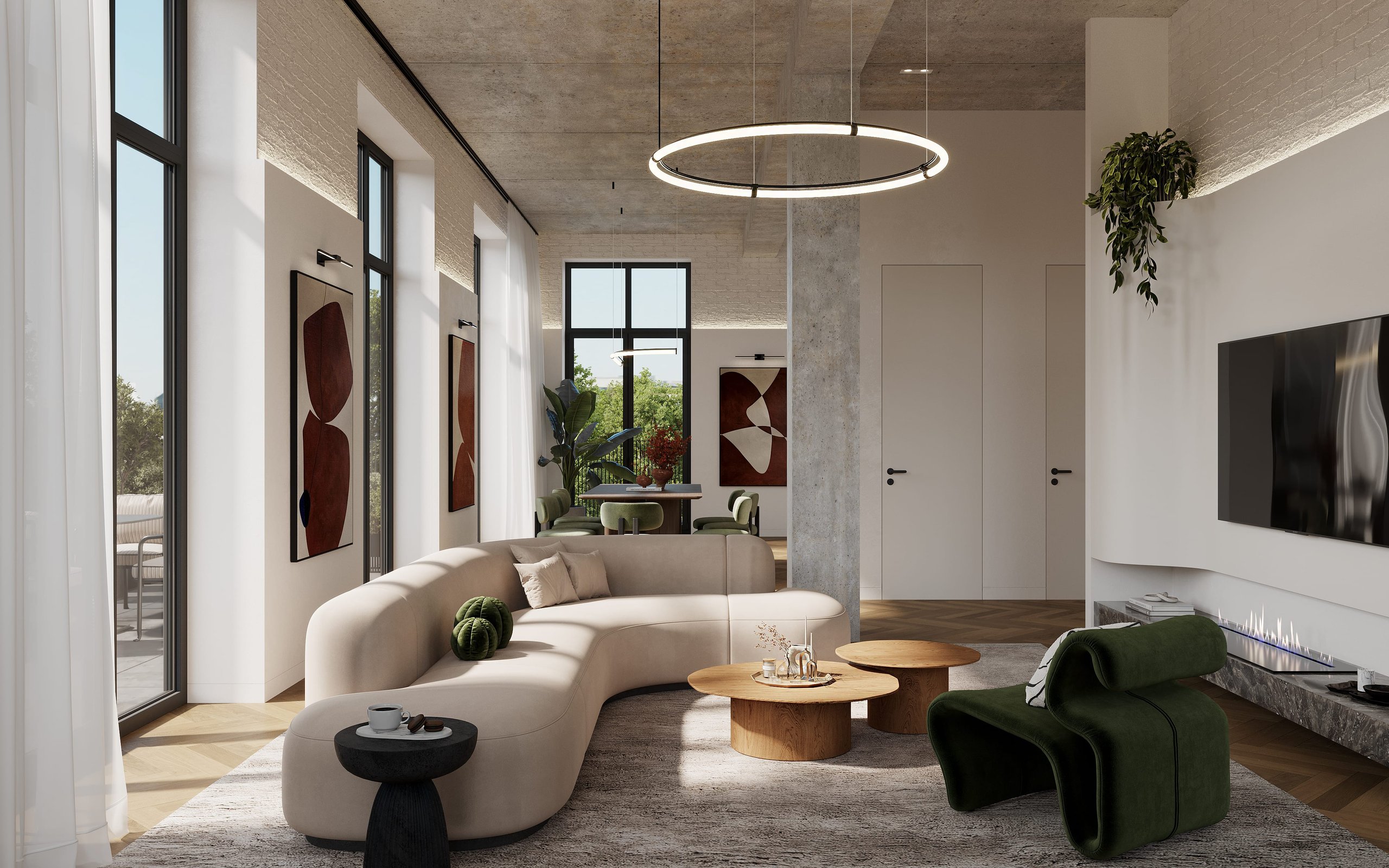 3D rendering of a living room interior in the Kreuzgasse multifamily housing project, featuring modern furnishings and large windows with natural light.