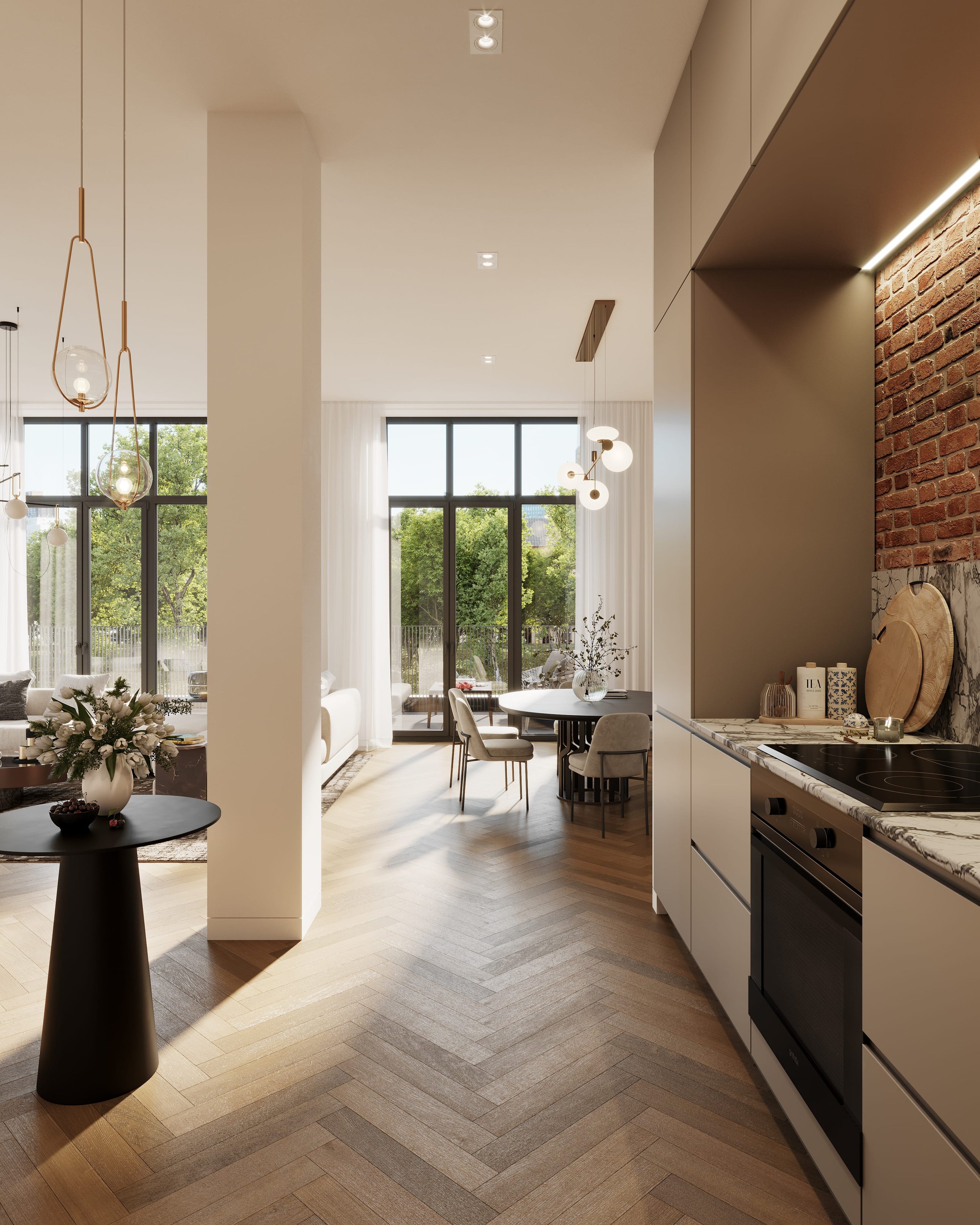 3D rendering of a living room interior in the Kreuzgasse multifamily housing project, featuring modern furnishings and large windows with natural light.