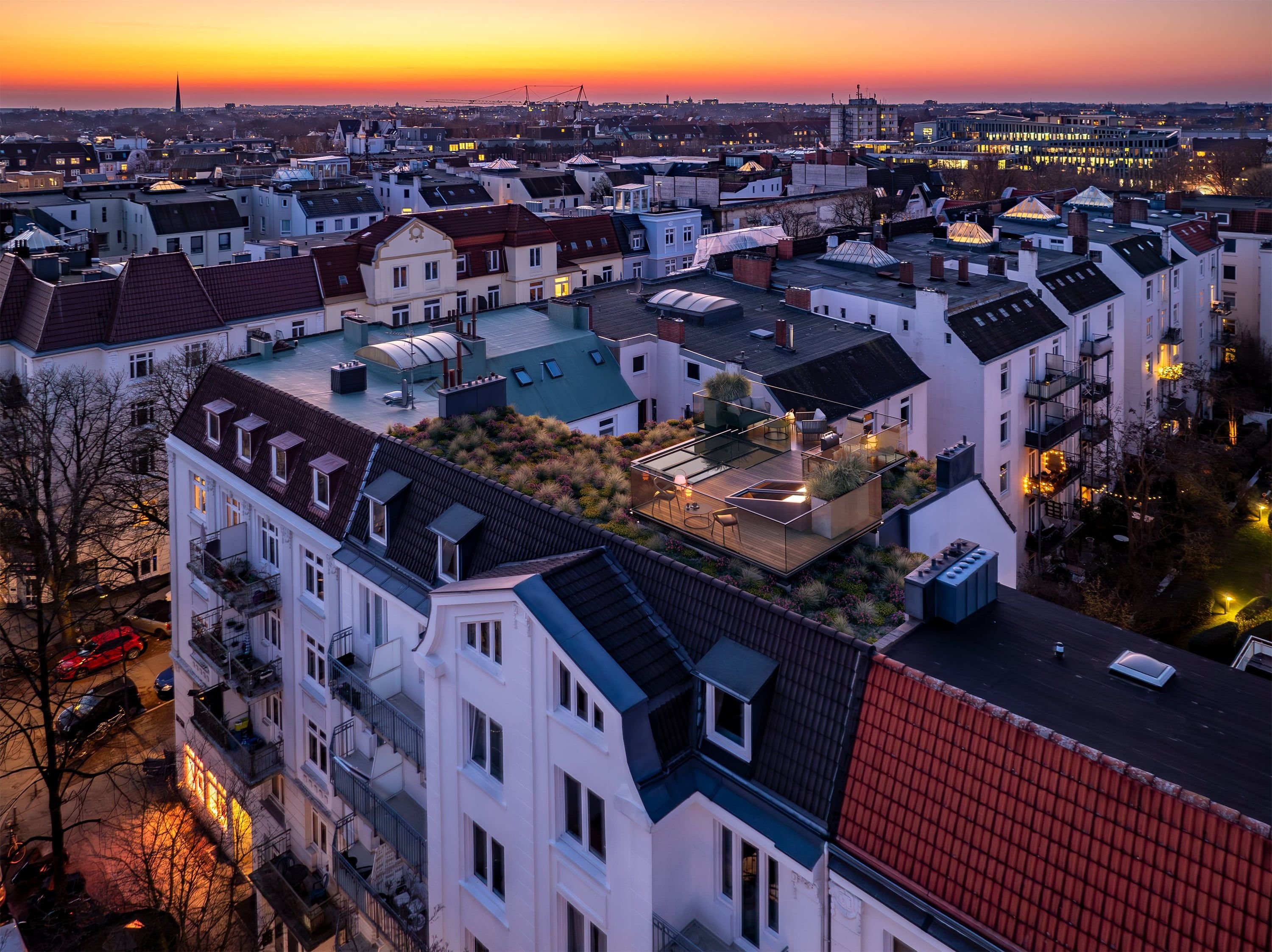 3D Architectural visualization of the private rooftop terrace with greenery in Winterhude Hamburg Germany