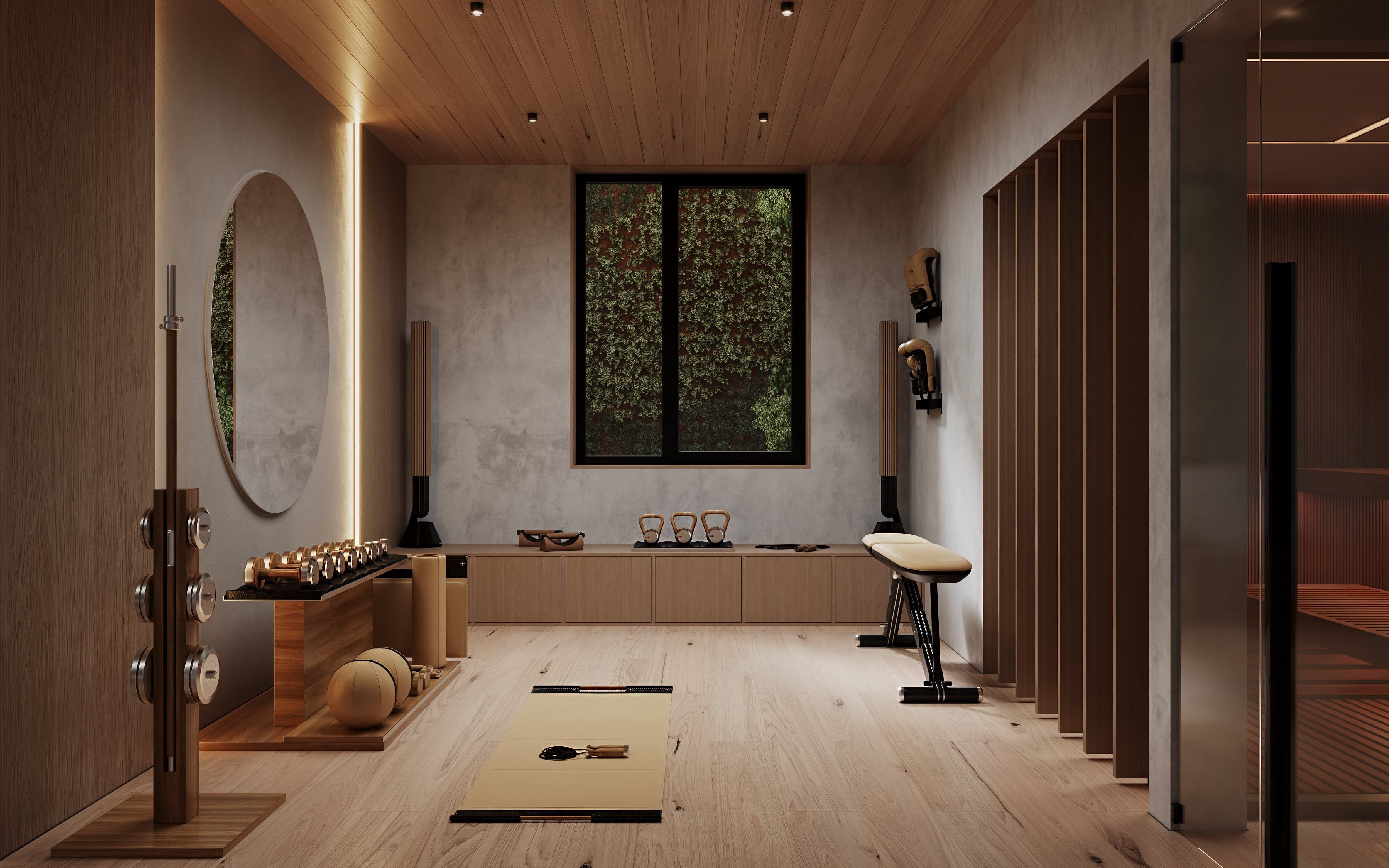 3D-Architekturvisualisierung eines privaten Fitnessstudios mit Sauna in einem Einfamilienhaus in Berlin, Deutschland