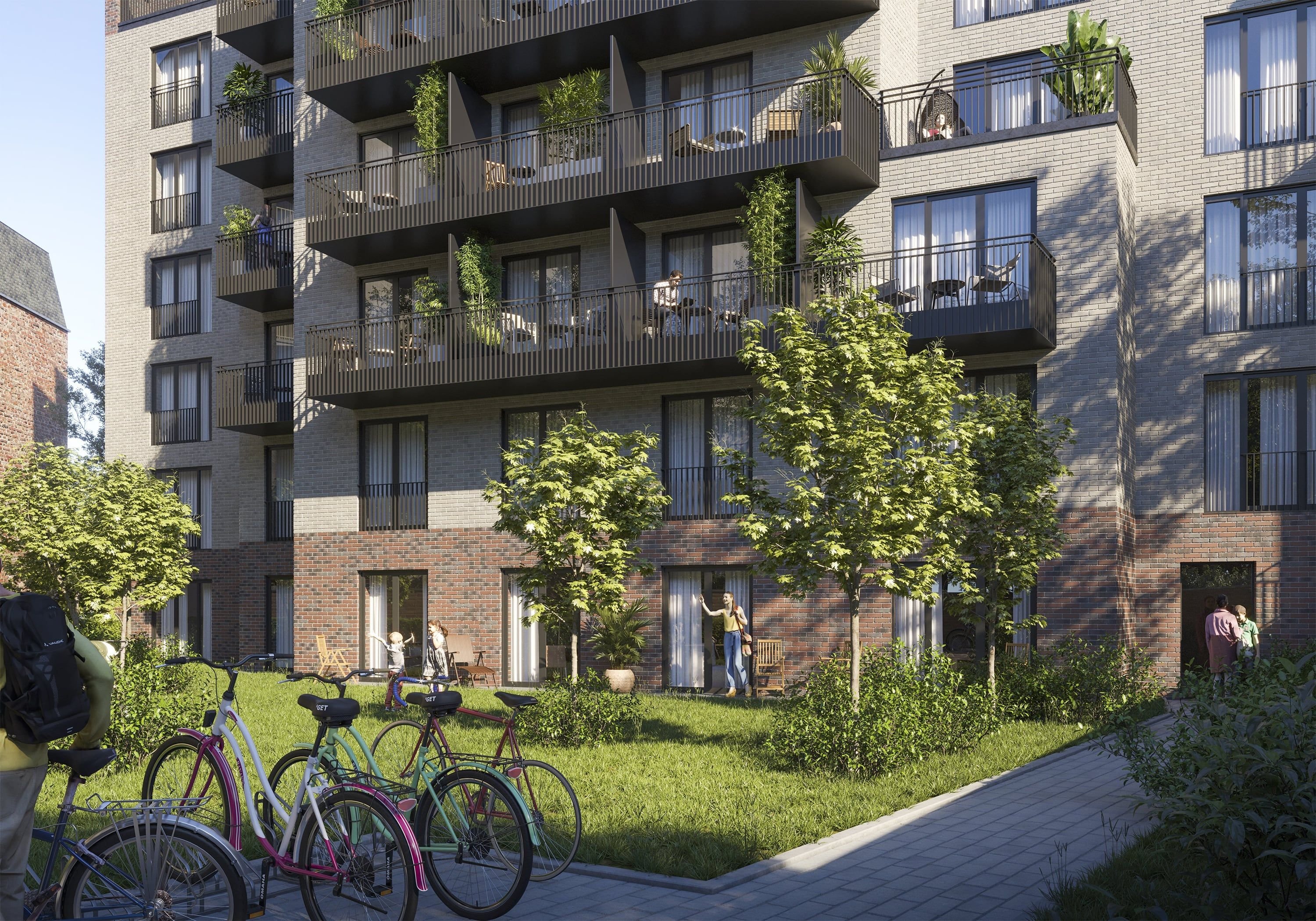 3D. Architektur Außenvisualisierung des Innenhofes im Mehrfamilienhaus in Hamburg Eimsbüttel, Deutschland