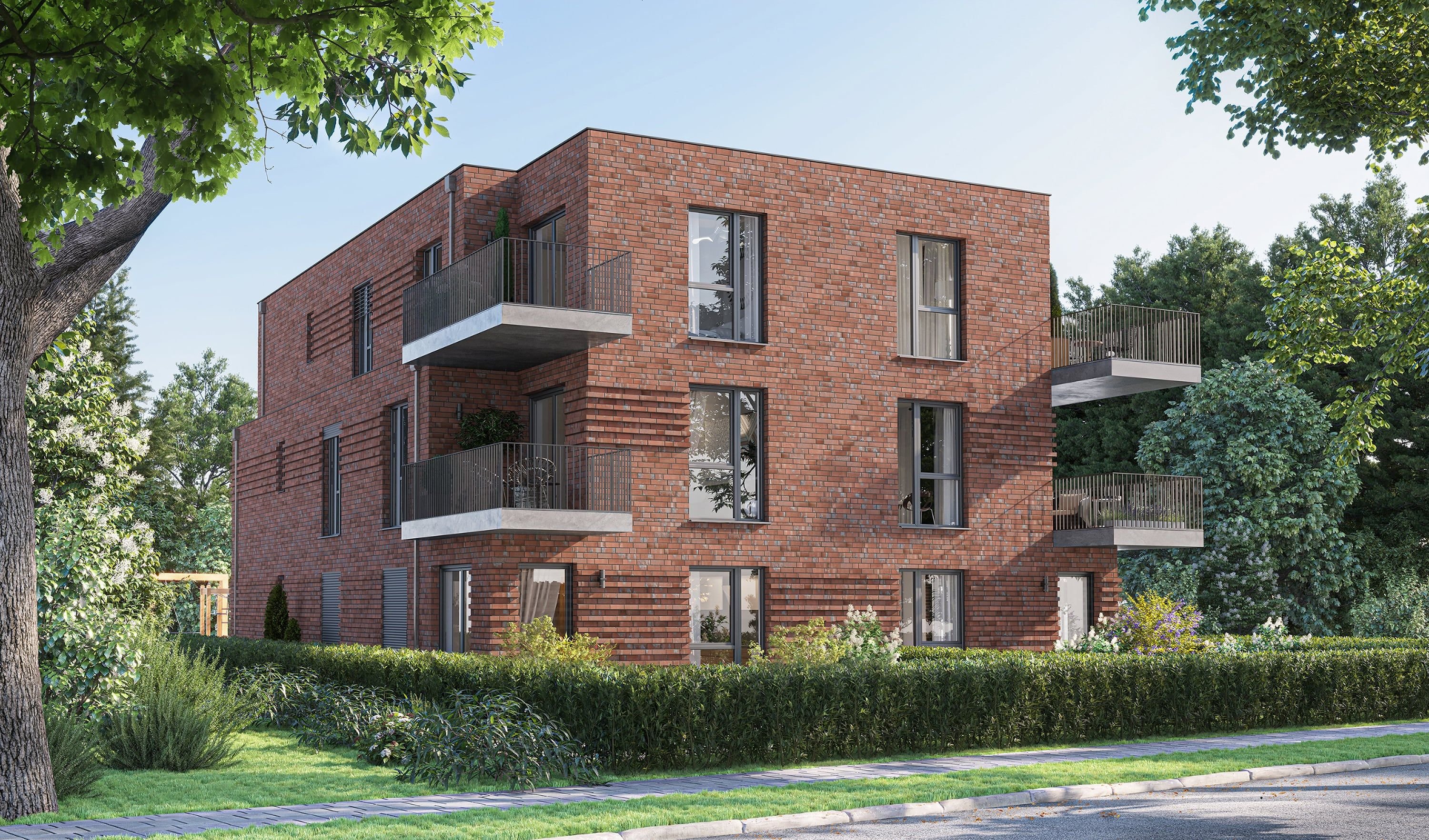 3D architectural exterior visualization of an apartment building with garden and balconies, Hamburg, Germany