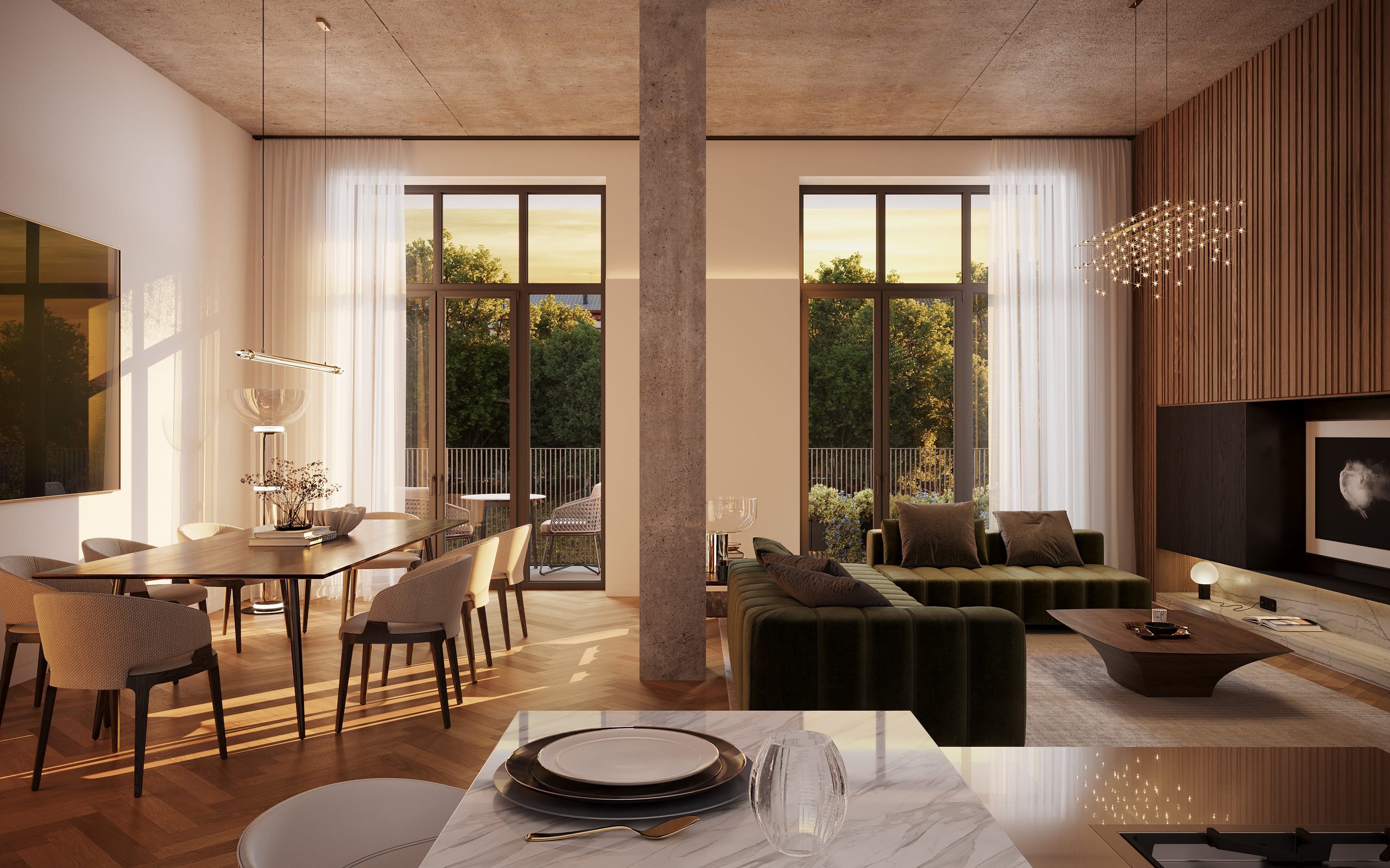 3D rendering of a living room interior in the Kreuzgasse multifamily housing project, featuring modern furnishings and large windows with natural light.