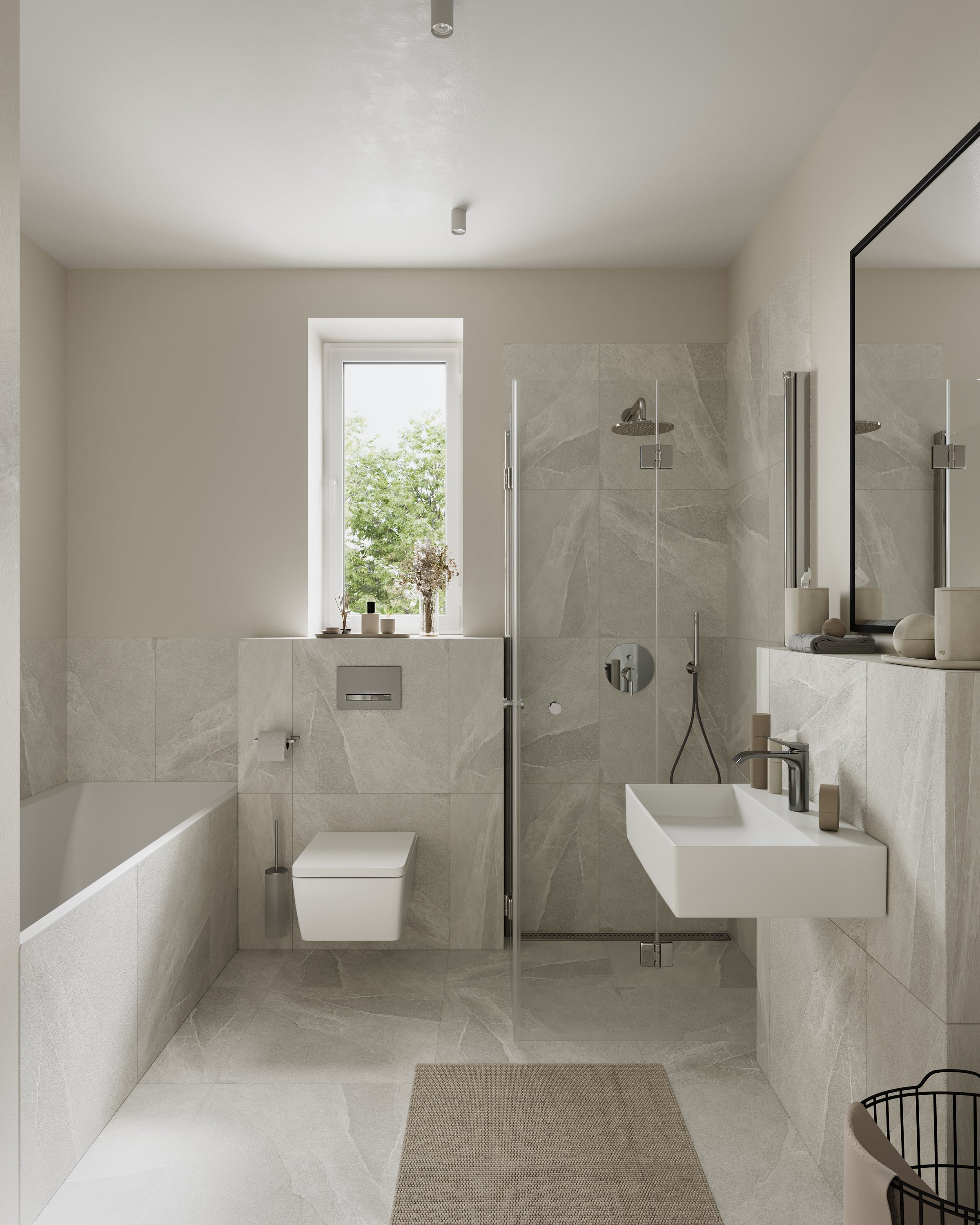 3D architectural interior visualization of bathroom with bath and shower, Hamburg Germany