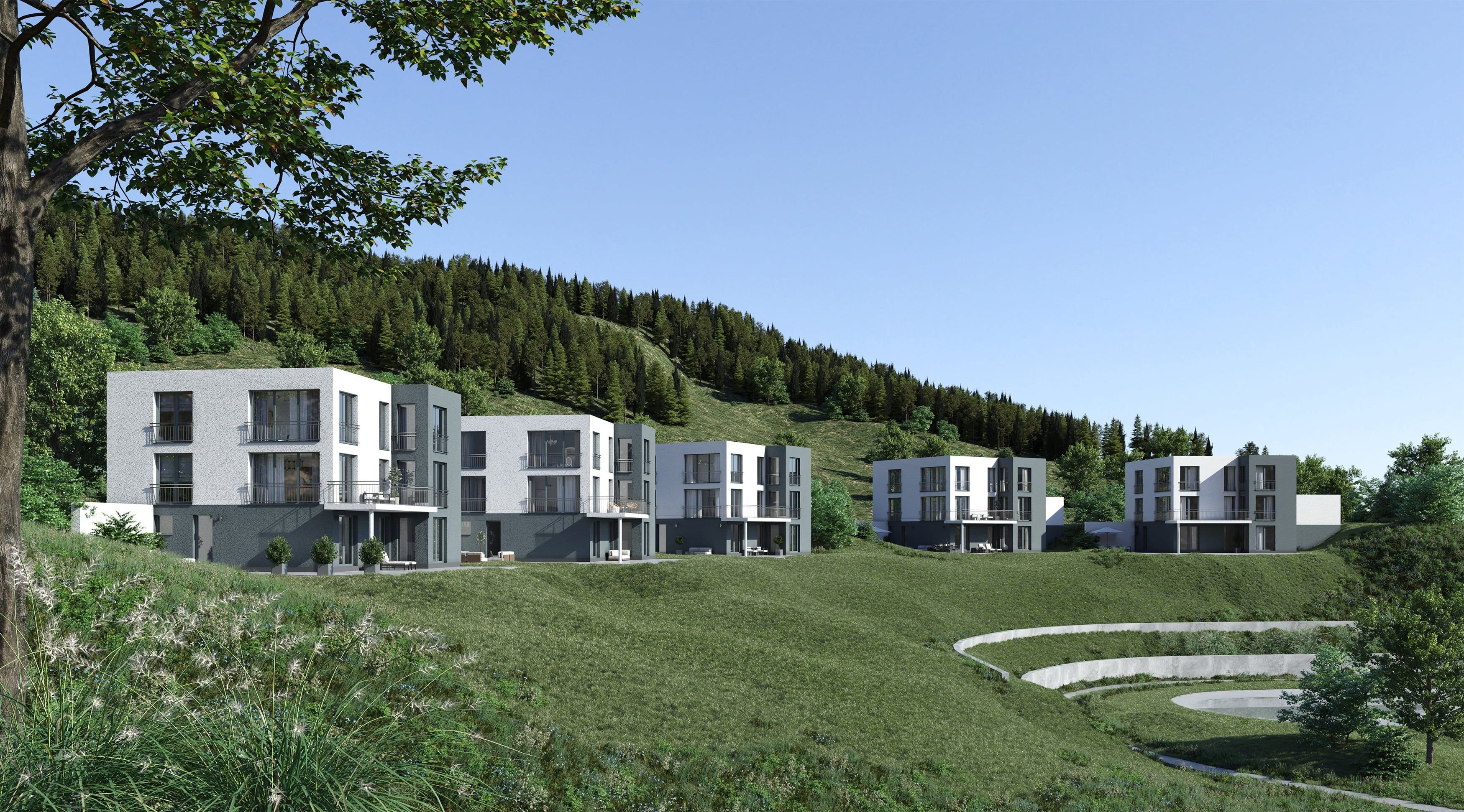 3D Architectural Visualization of group of one family houses with the terrace on the hill in nature in Dortmund region Germany