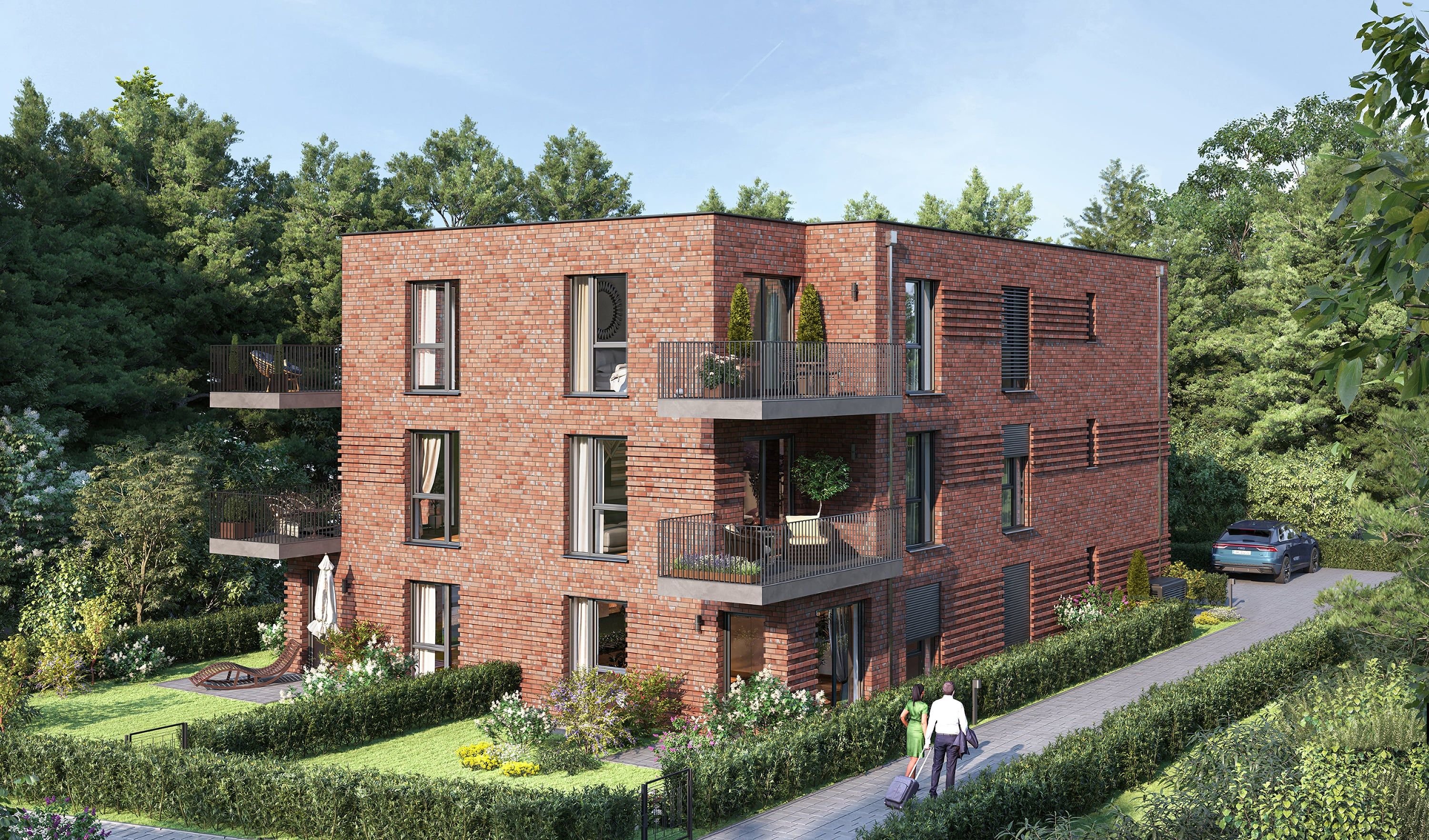 3D architectural exterior visualization of an apartment building with private gardens, Hamburg, Germany