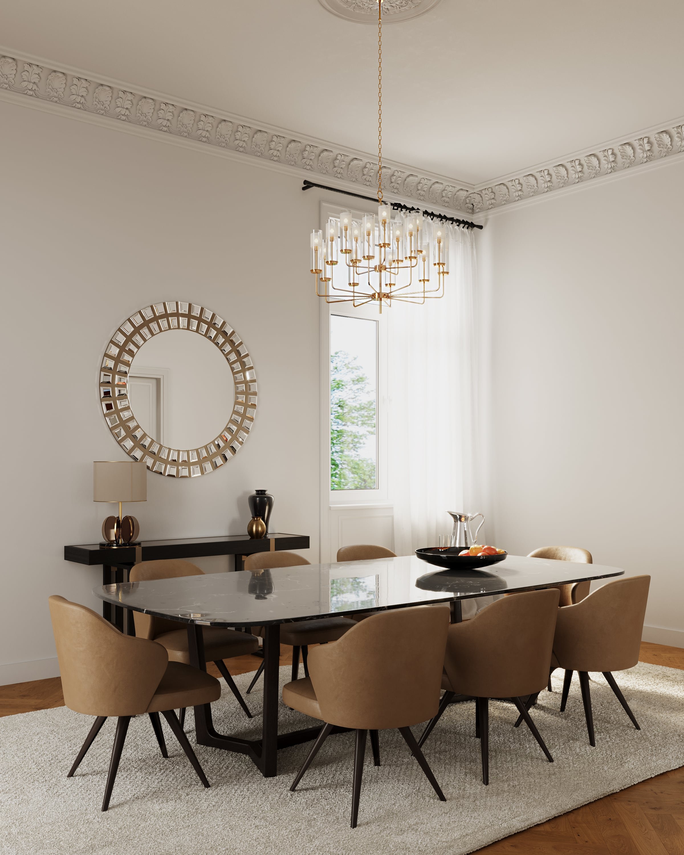 3D Architectural Interior Visualization of Dining room in renovated historical apartment in Fliederstrasse, Hamburg