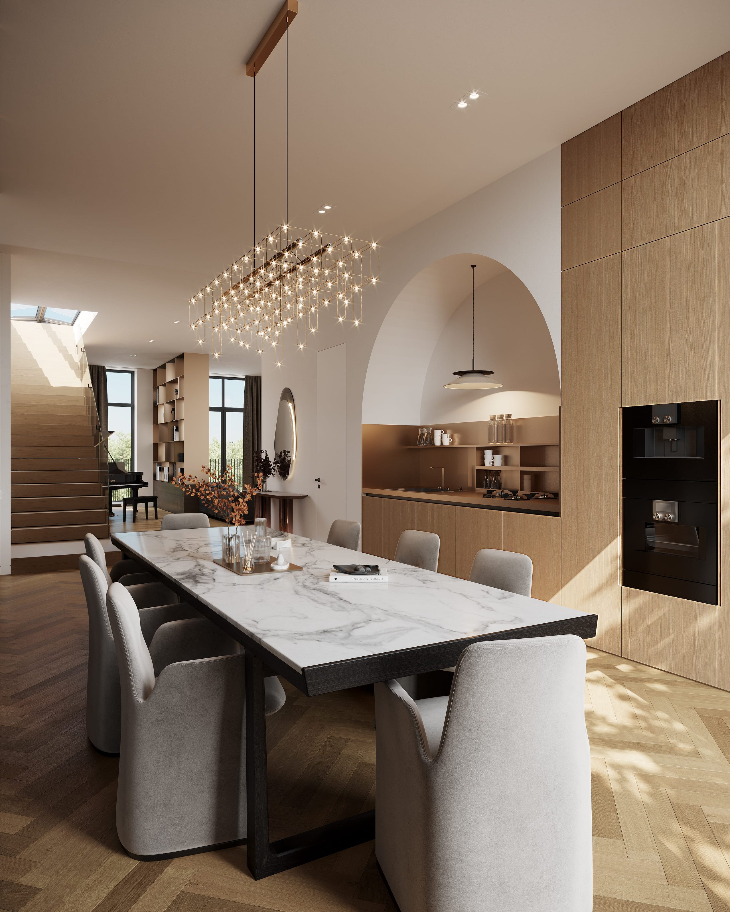 3D rendering of a living room interior in the Kreuzgasse multifamily housing project, featuring modern furnishings and large windows with natural light.