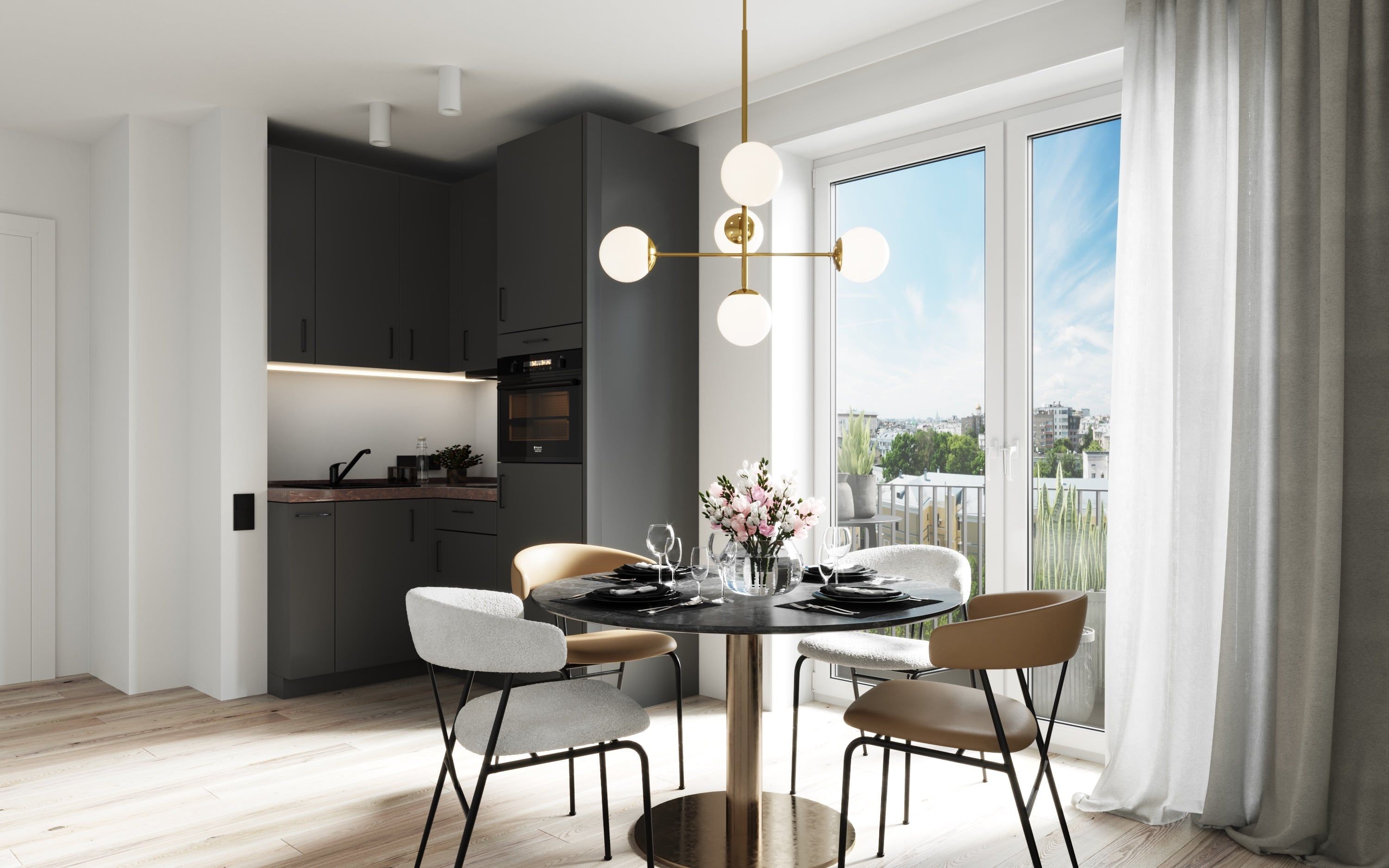 3D architectural Interior Visualization of dining space and kitchen in open space penthouse flat in multi family house in Hamburg Eimsbüttel, Germany