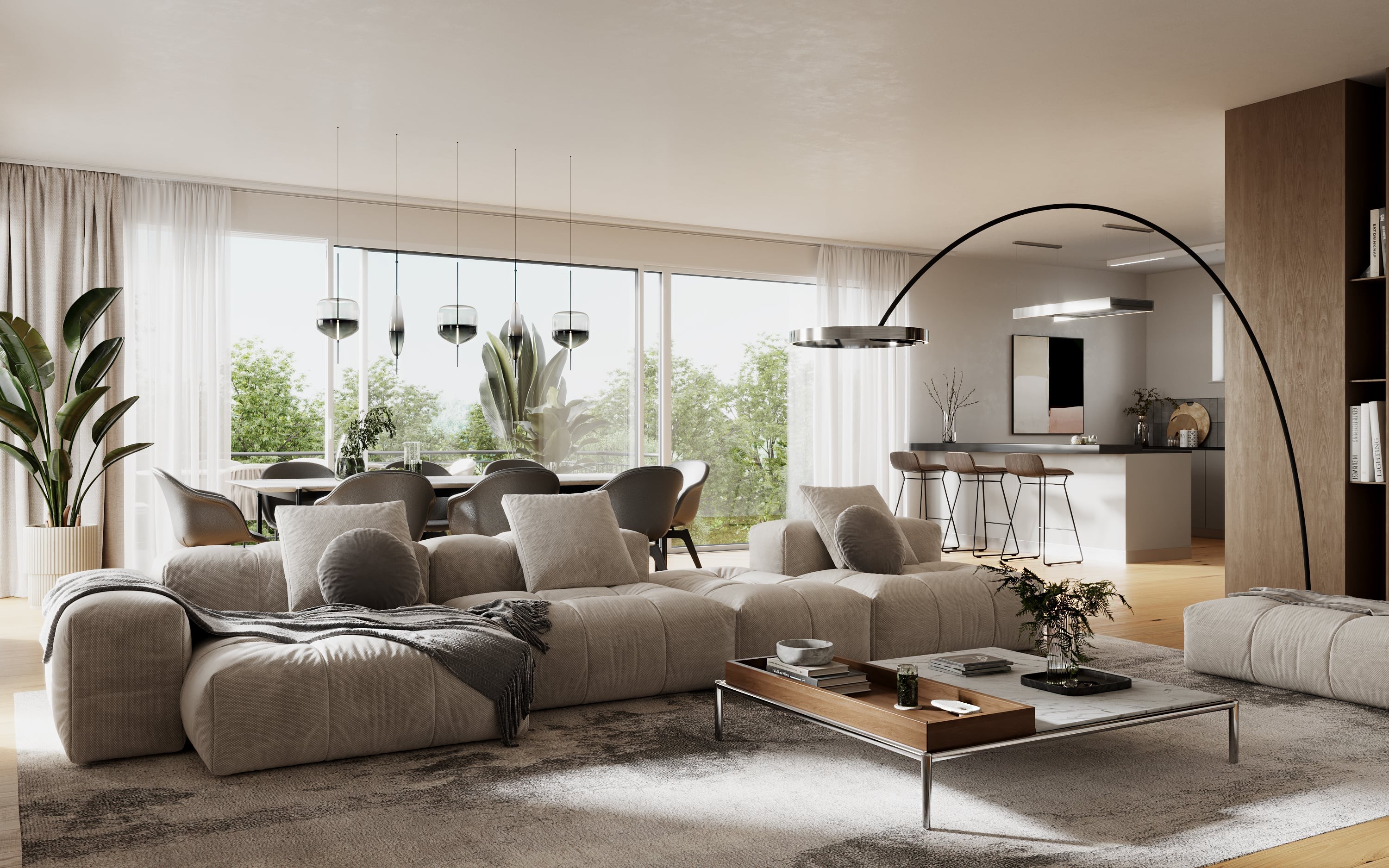 3D Interior Visualization of living room with dining space, kitchen and balcony with the view to the garden in the penthouse in new building in Othmarscher Kirchenweg Hamburg, Germany