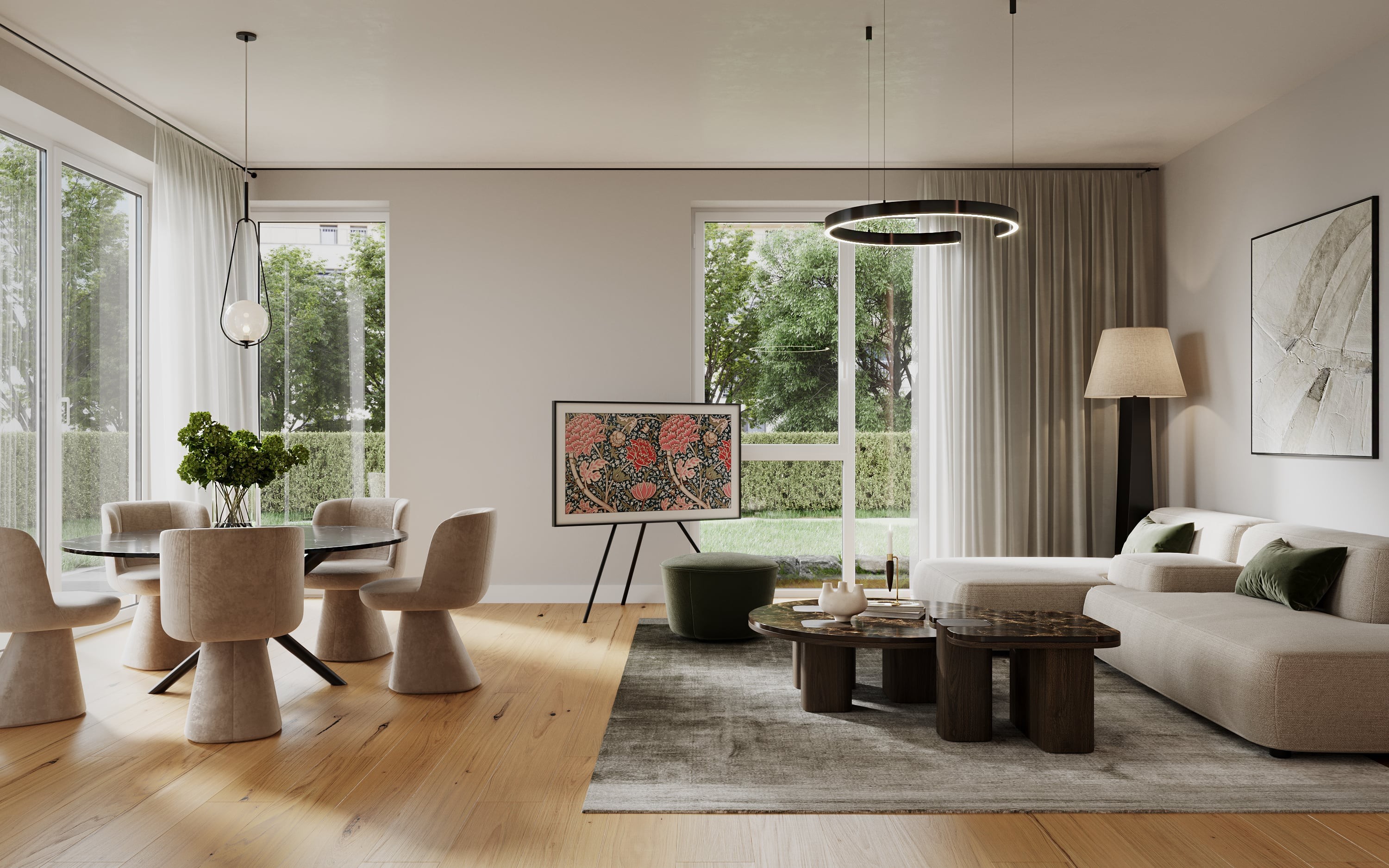 3D Architectural interior visualization of living room with garden in multi family house, Hamburg Germany