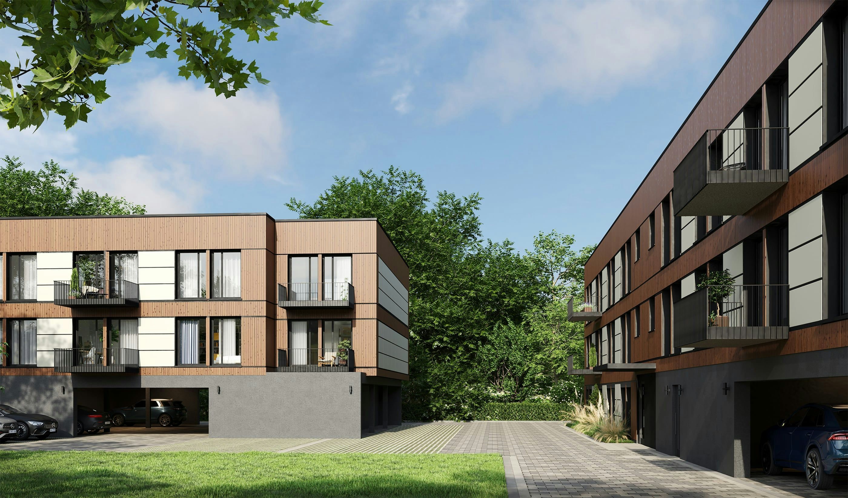 3D Außendarstellung eines vorgefertigten Mehrfamilienhauses mit Garage und Parkplatz in Lauingen, Deutschland