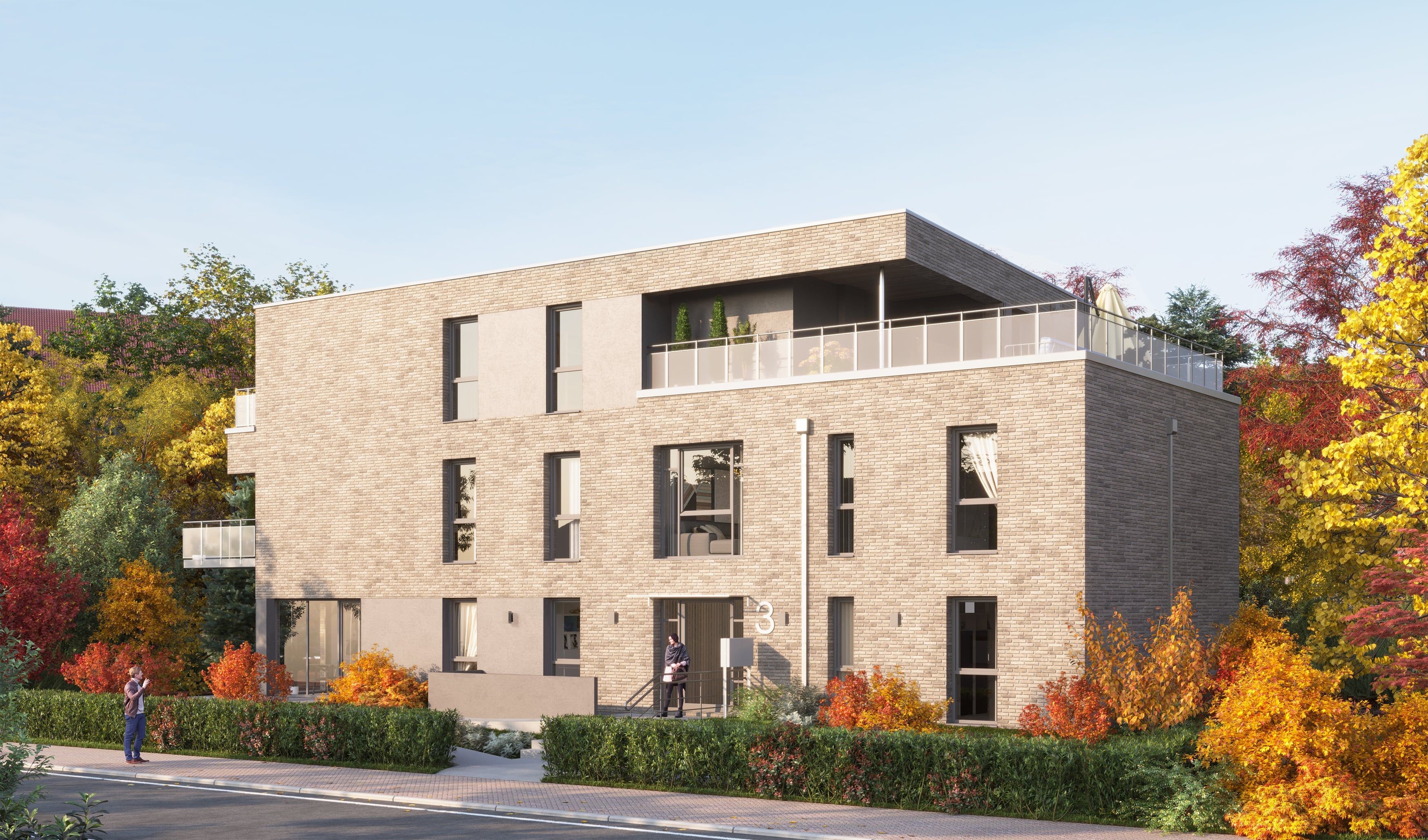 3D Außenvisualisierung eines neuen Mehrfamilienhauses mit Penthouse-Terrasse in Grothwisch Hamburg, Deutschland