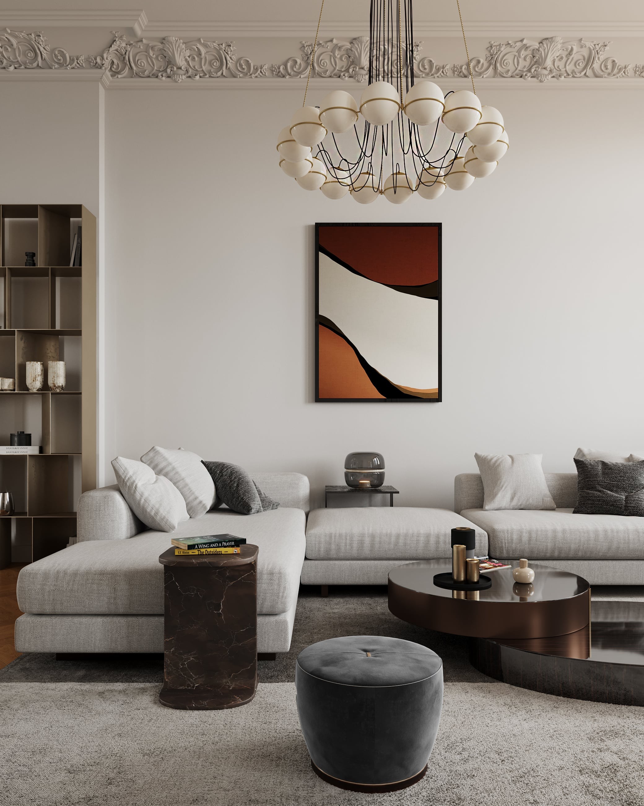 3D Visualization of the living room in renovated historical apartment in Fliederstrasse, Hamburg