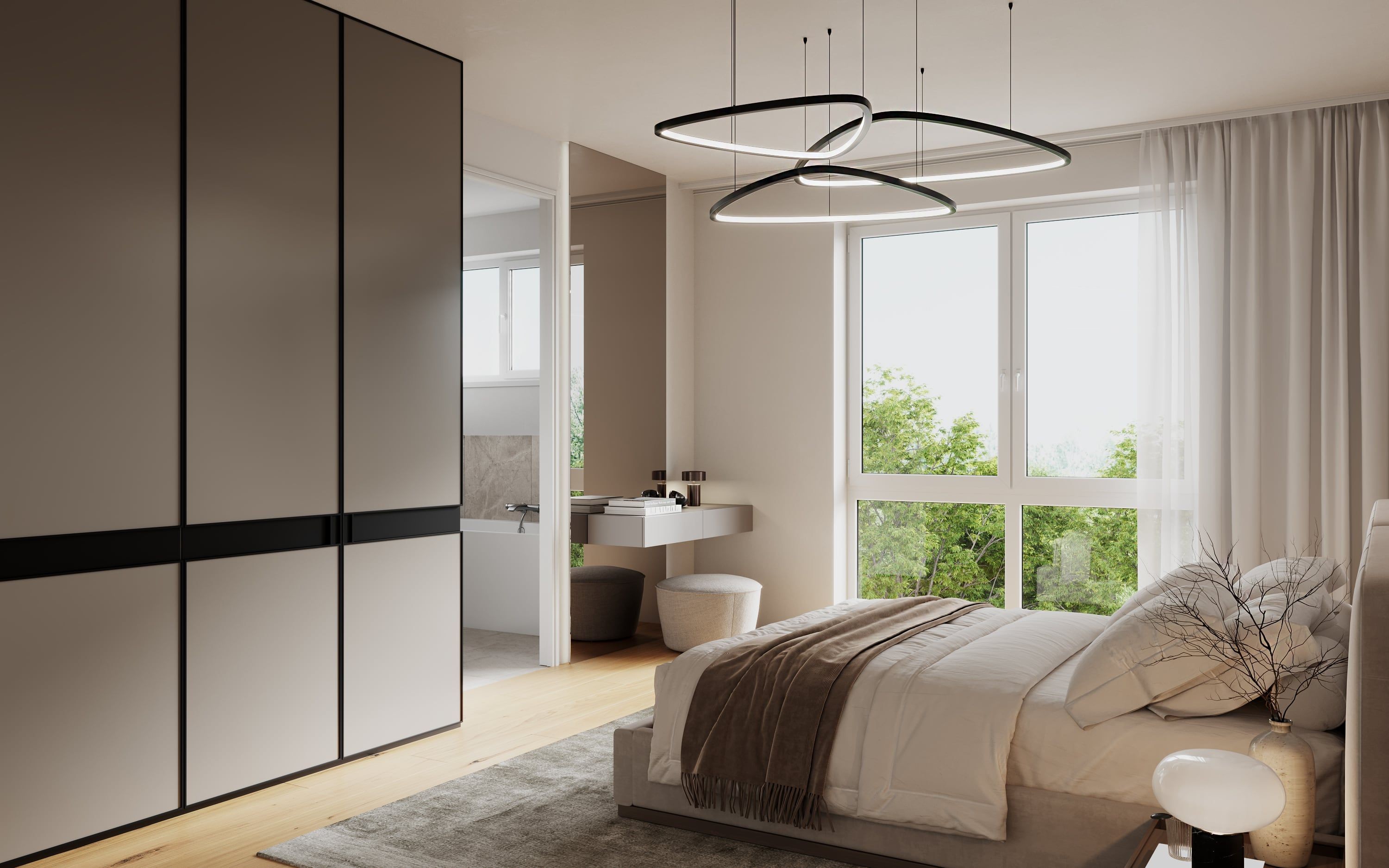 3D Innenvisualisierung des Hauptschlafzimmers mit Zugang zum Hauptbadezimmer in einer Wohnung in einem neuen Haus im Othmarscher Kirchenweg Hamburg, Deutschland
