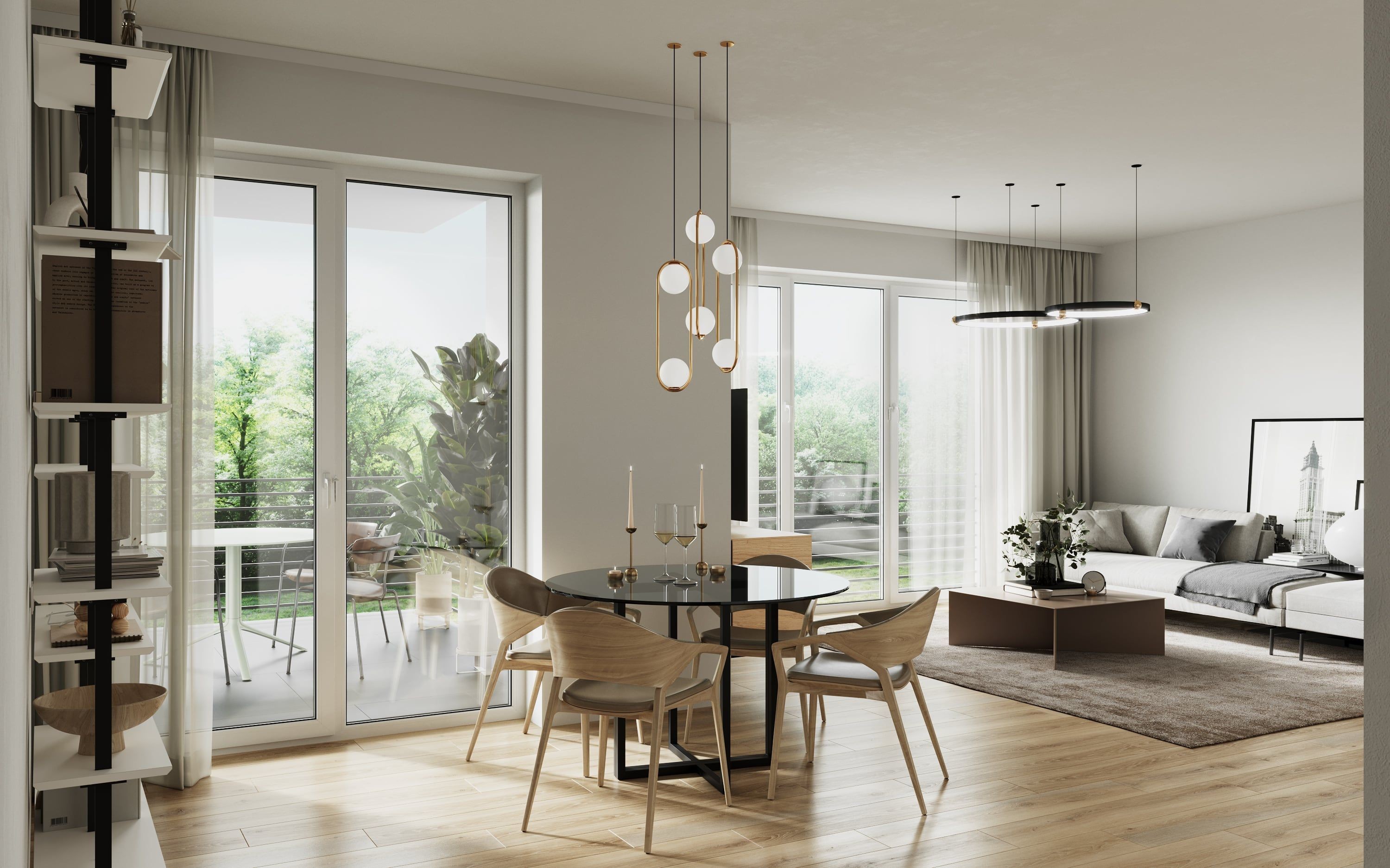3D Interior Visualization oof living room with dining area and access to the balcony in Frohmestraße Hamburg Germany