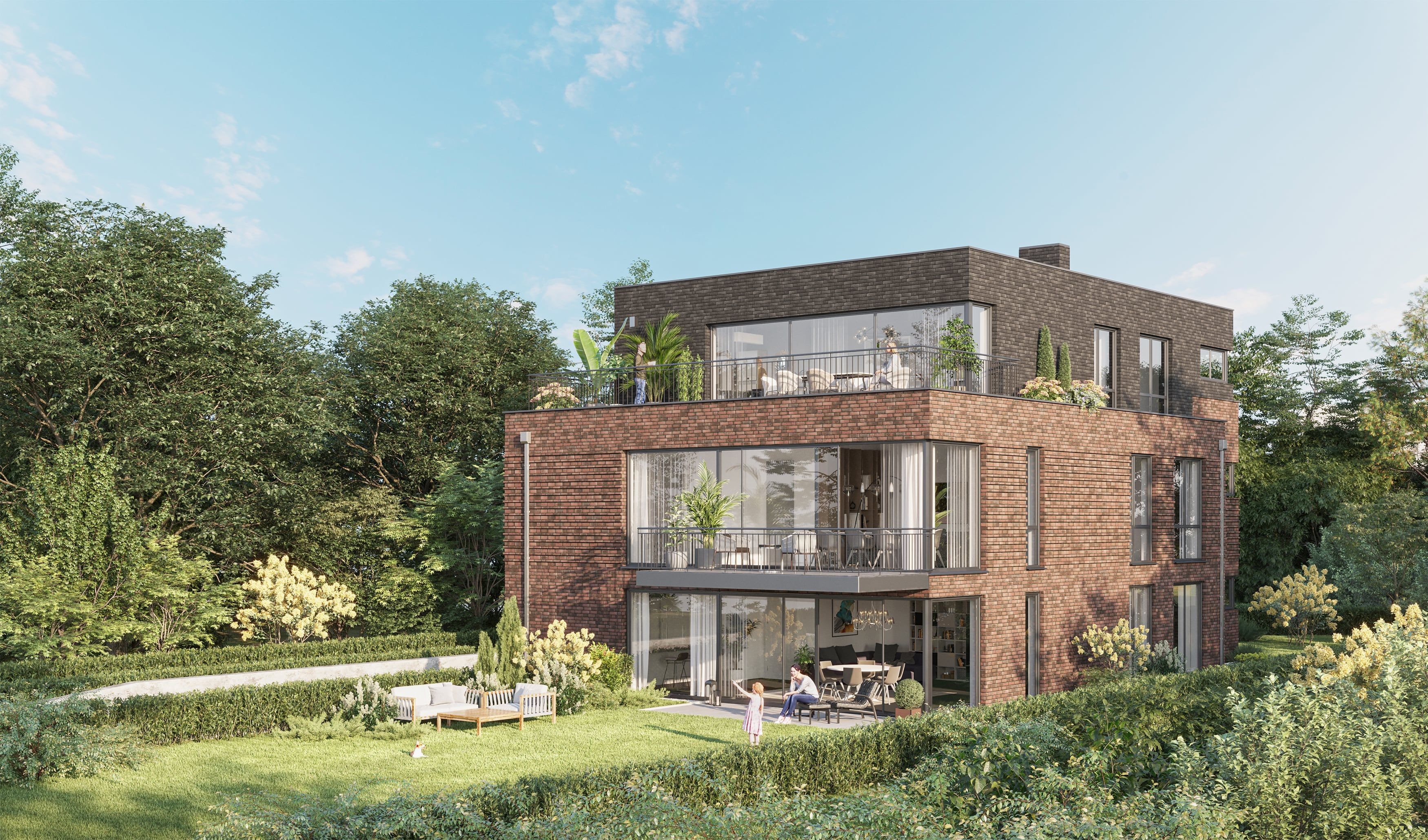 3D Außenvisualisierung eines Neubau Hauses mit Terrasse und privatem Garten im Othmarscher Kirchenweg Hamburg, Deutschland