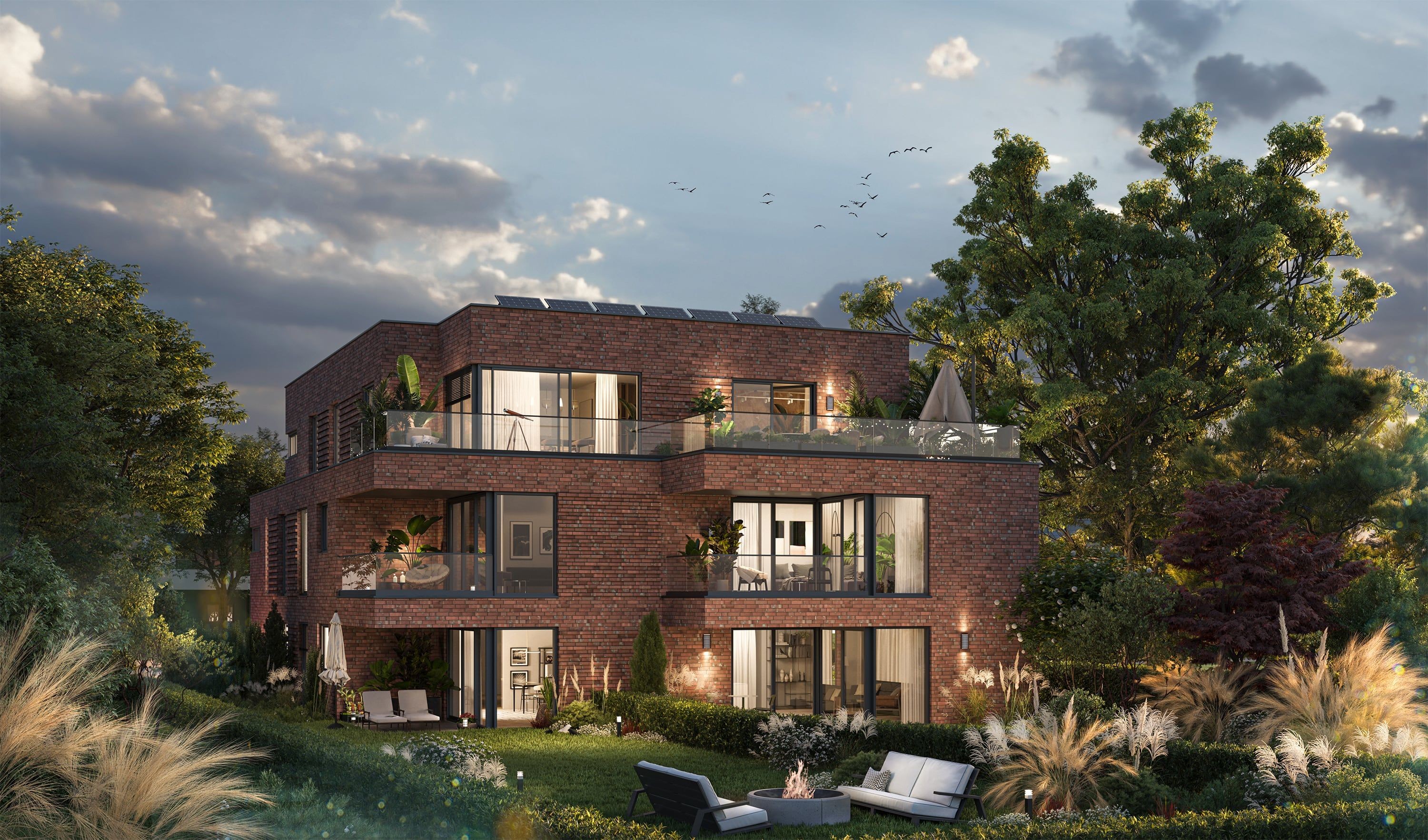 3D Exterior Rendering of the multi family house with a private gardens in Eulenkrugstraße Hamburg, Germany
