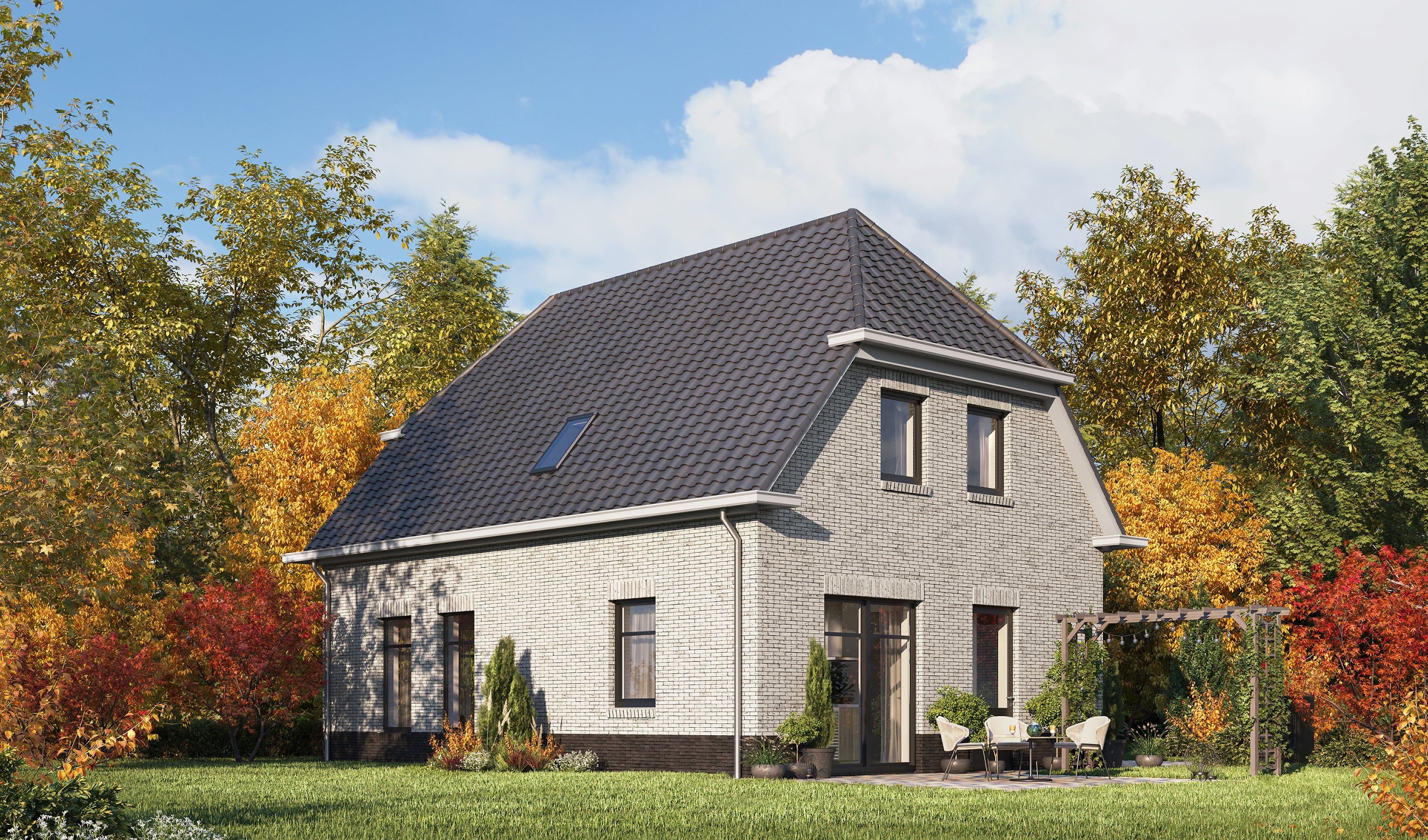 3D Außen Visualisierung des Katalogs eines Muster Einfamilienhauses mit Garten in Deutschland, der Schweiz, den Niederlanden und Europa