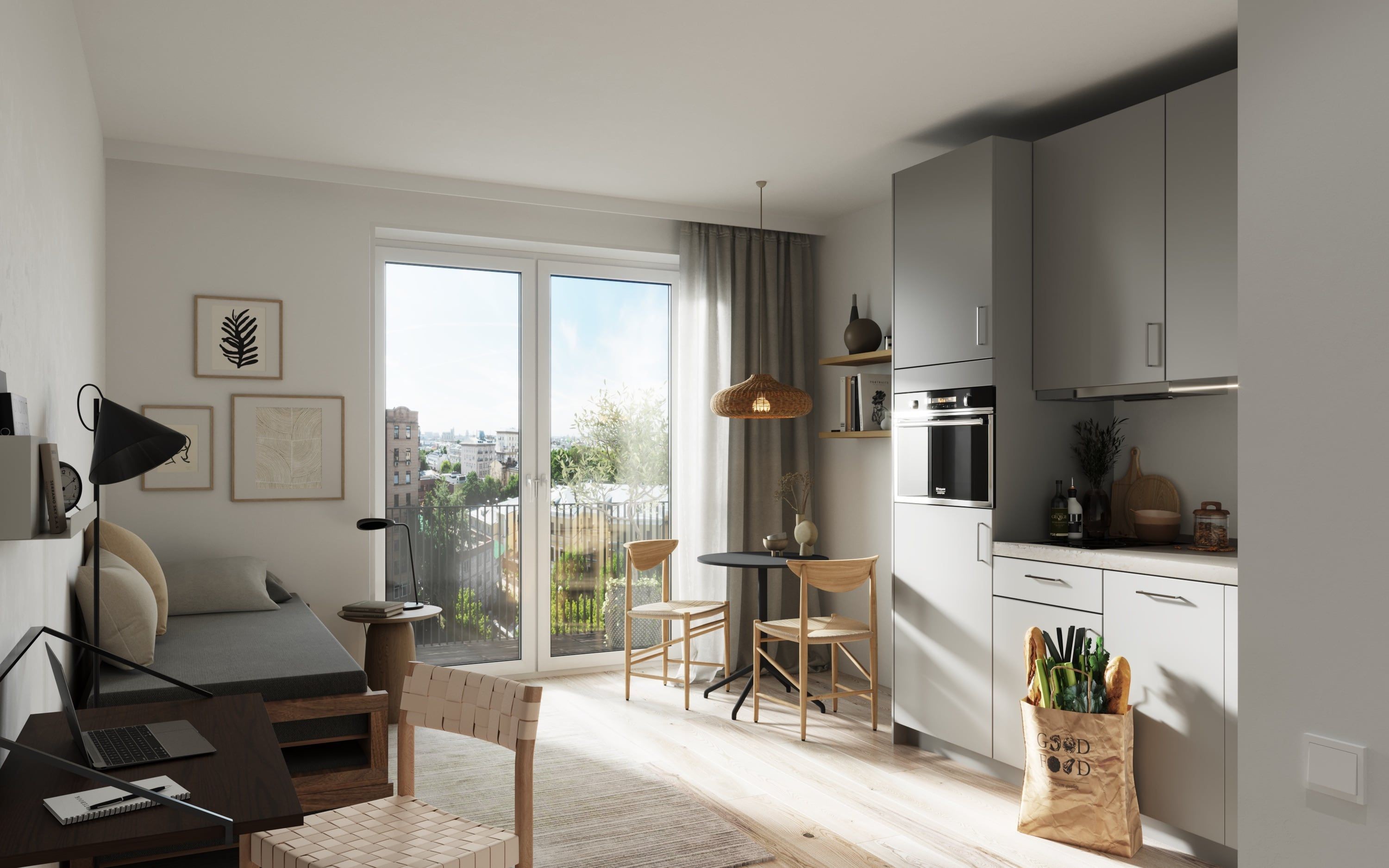 3D Interior Visualization of the small flat with kitchen and living room in Hamburg Eimsbüttel, Germany