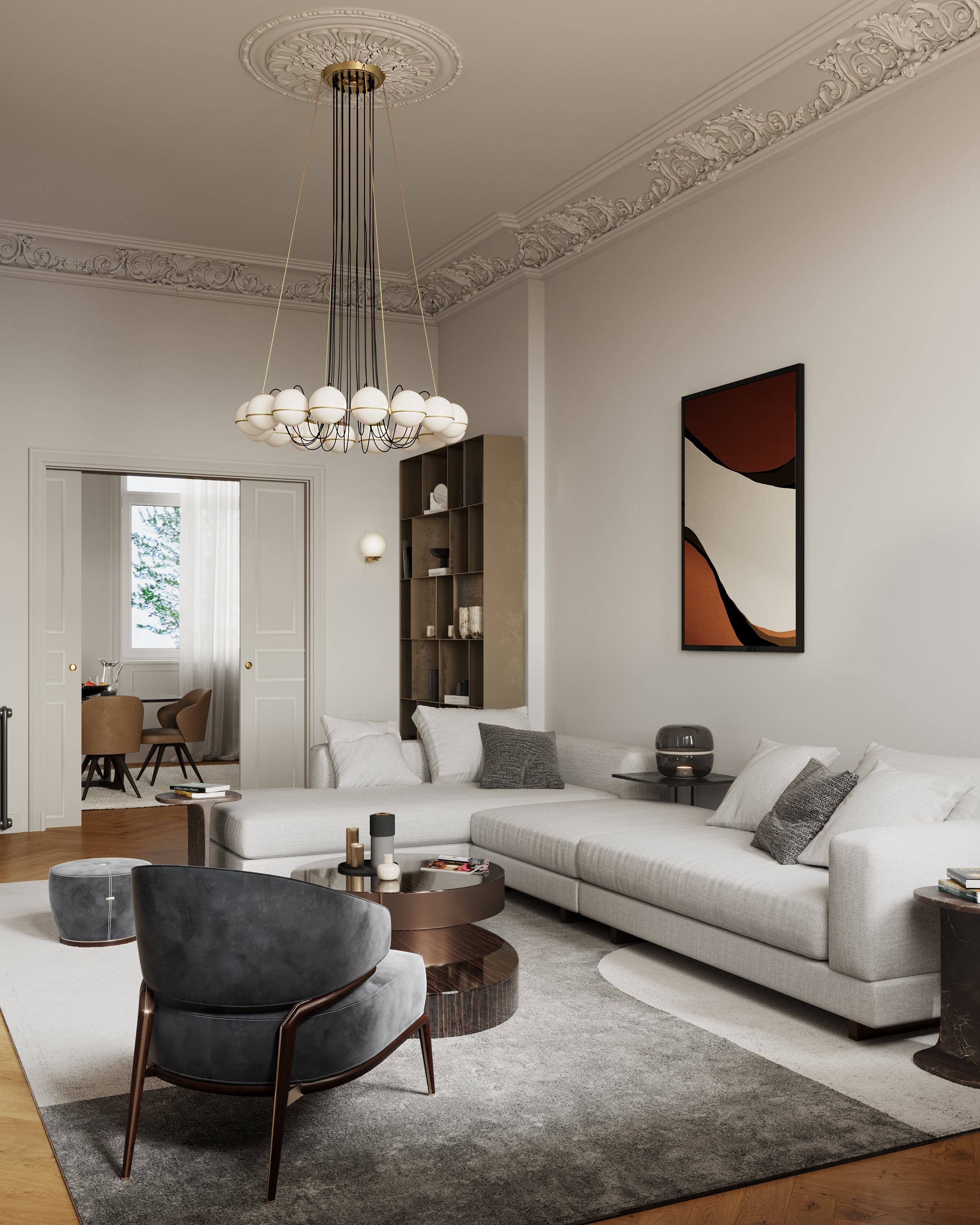 3D architectural Interior Visualization of the living room with dining room view in renovated historical apartment in Fliederstrasse, Hamburg