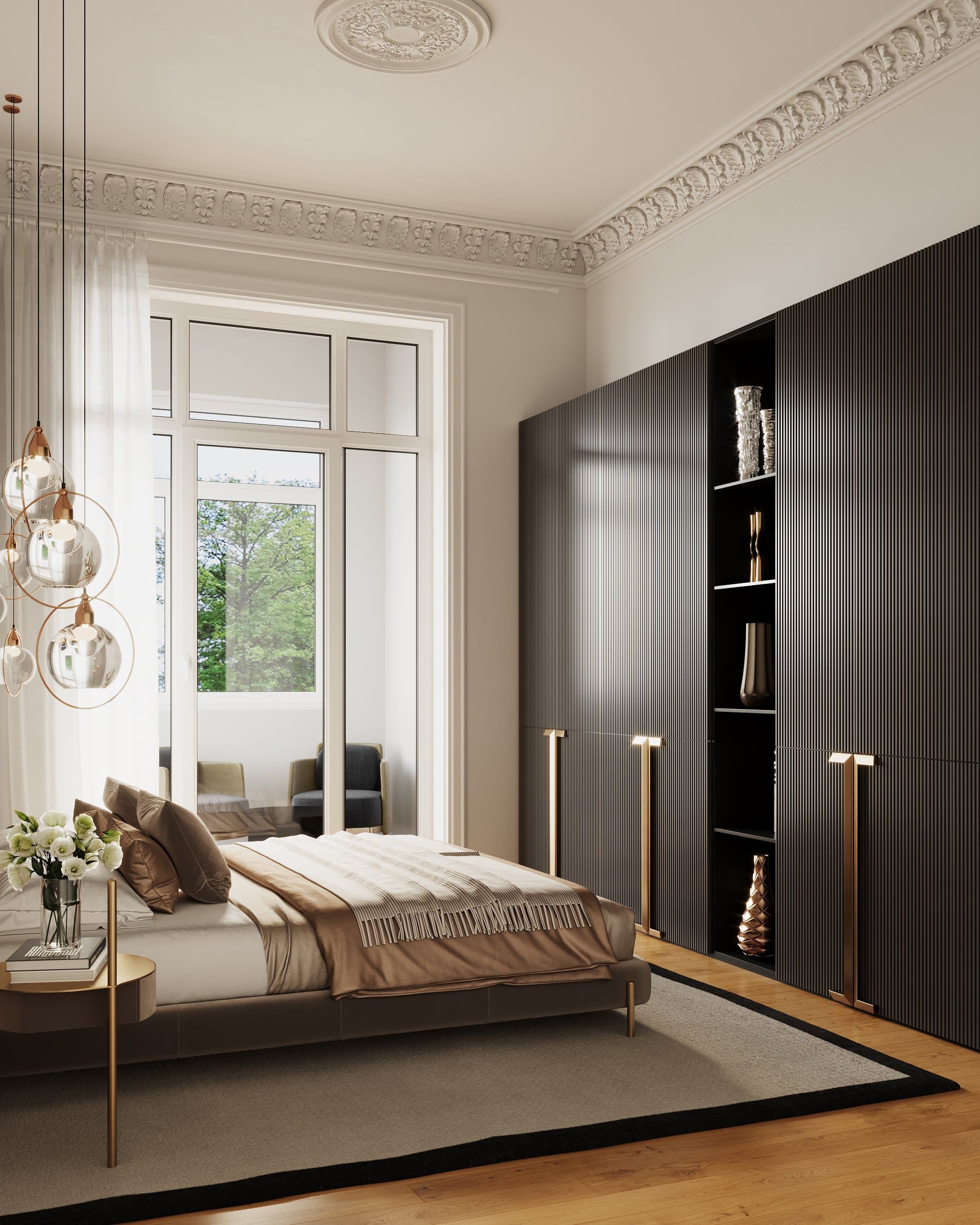 3D Interior Visualization of master bedroom in renovated historical apartment in Fliederstrasse, Hamburg