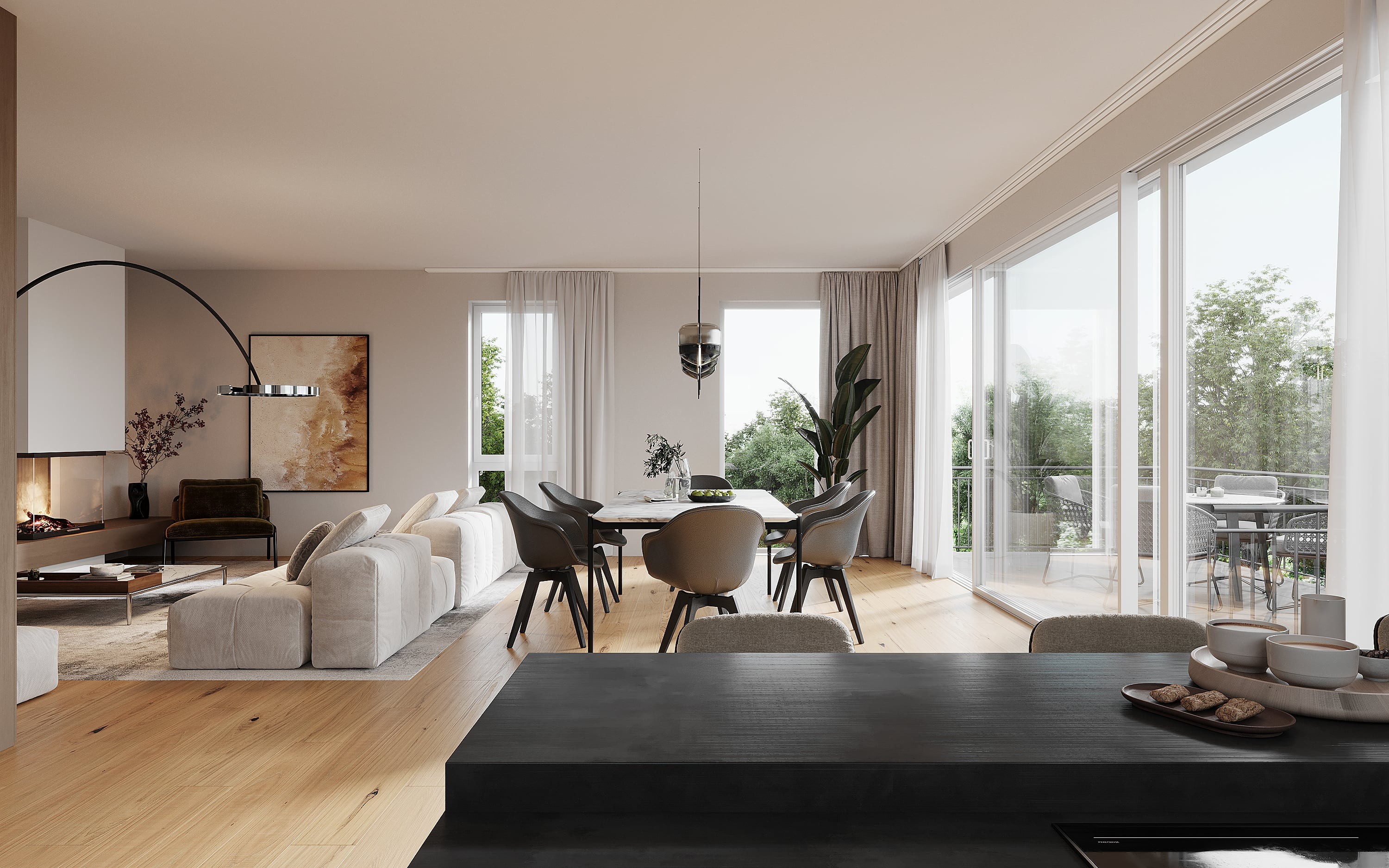 3D Visualization of living room with dining room and kitchen island and balcony in apartment in Othmarscher Kirchenweg Hamburg, Germany