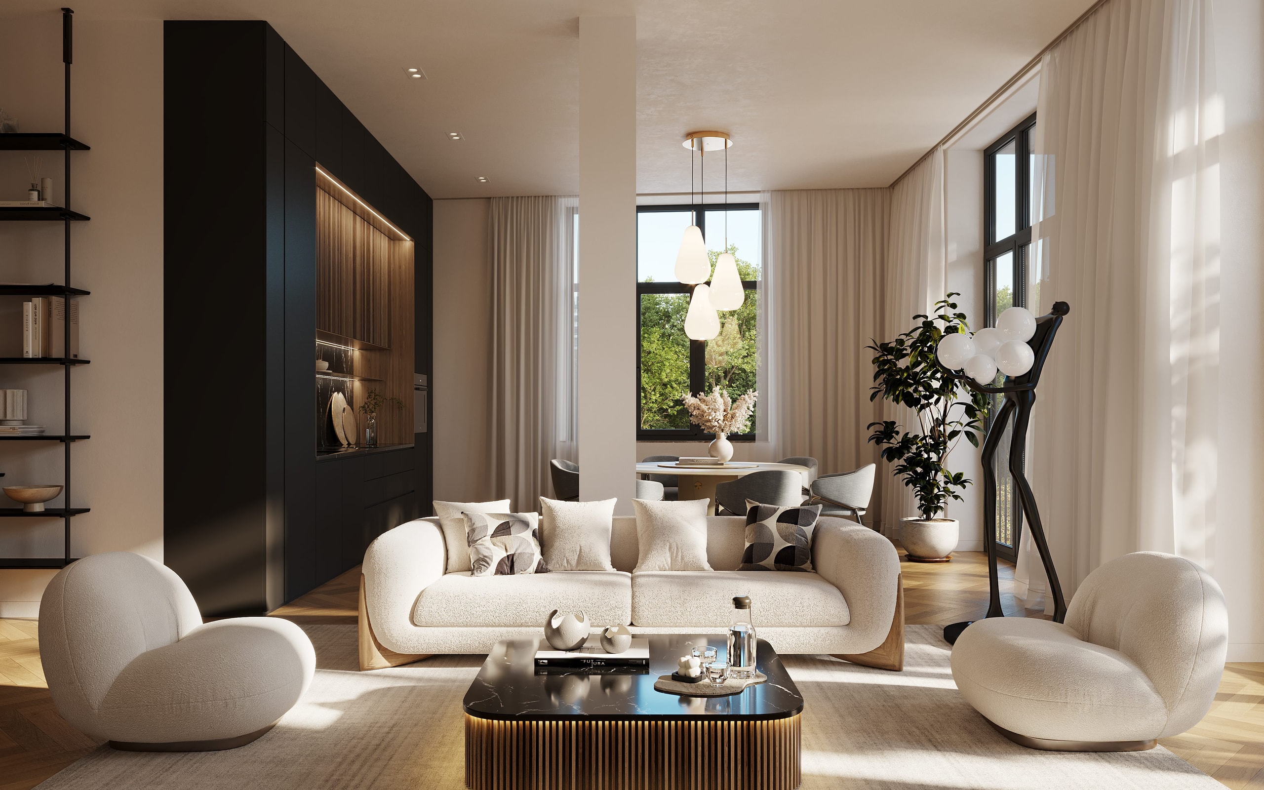 Photorealistic 3D visualization of the modern living room and dining area in the project in Berlin, featuring contemporary interior design.