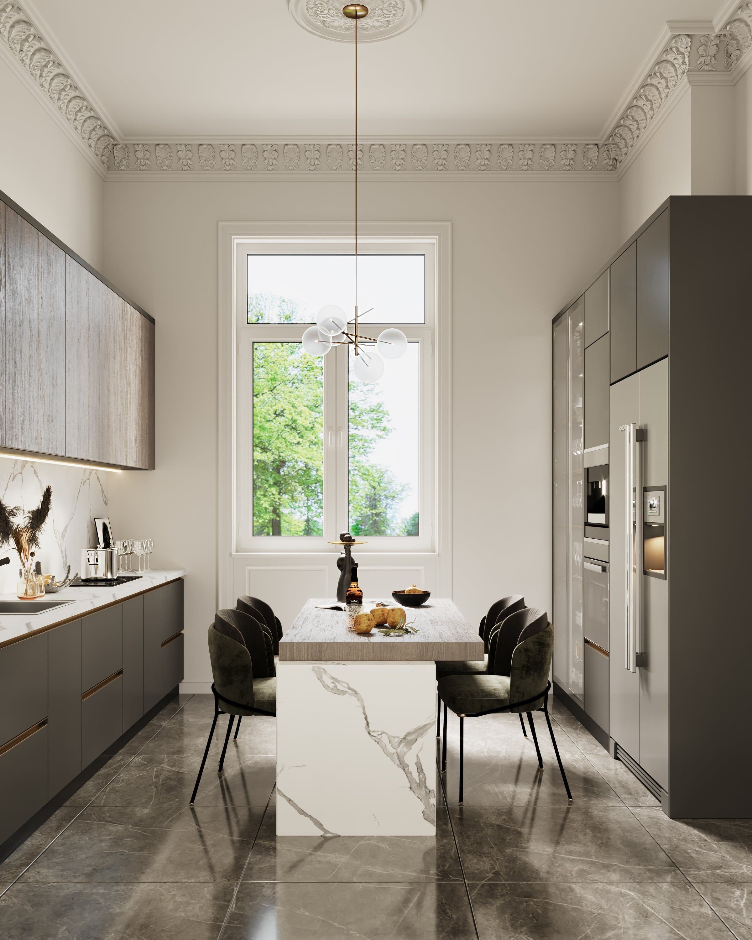 3D Innenvisualisierung der Küche mit Kücheninsel in einer renovierten historischen Wohnung in der Fliederstraße, Hamburg
