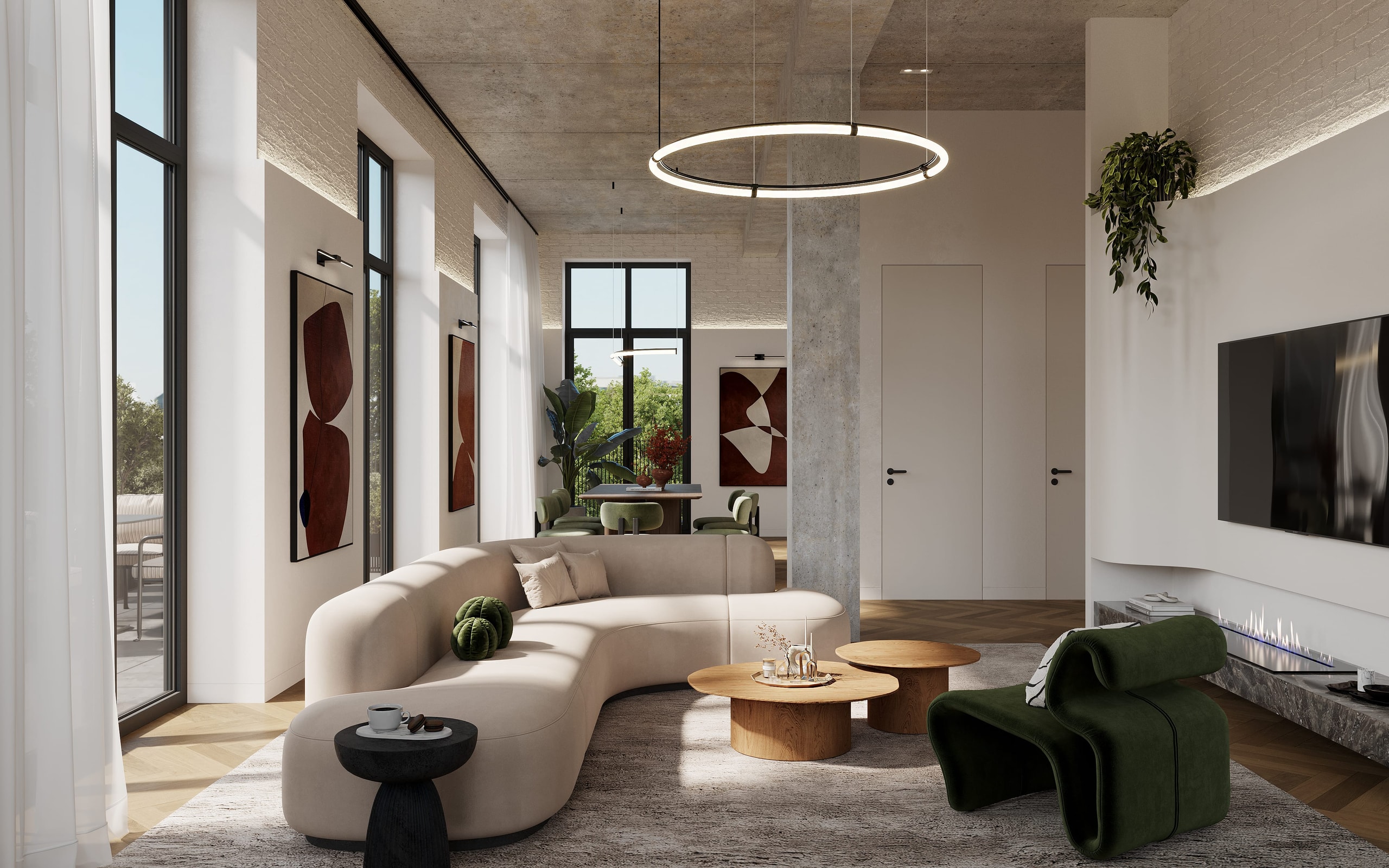 Photorealistic 3D visualization of the modern living room in the project in Berlin, featuring contemporary interior design.