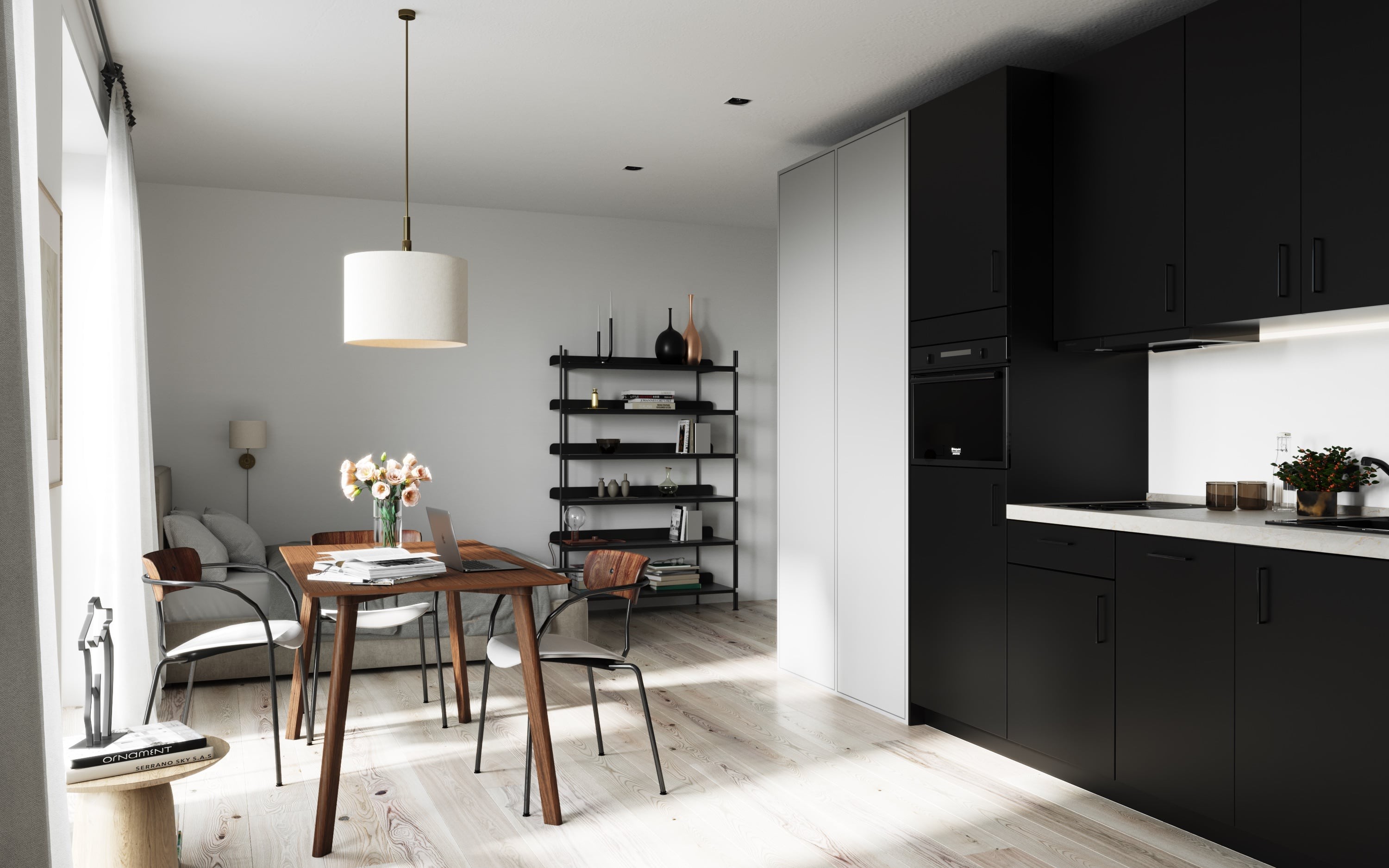 3D Architectural Interior Visualization of a small flat with kitchen and living room in Hamburg Eimsbüttel, Germany