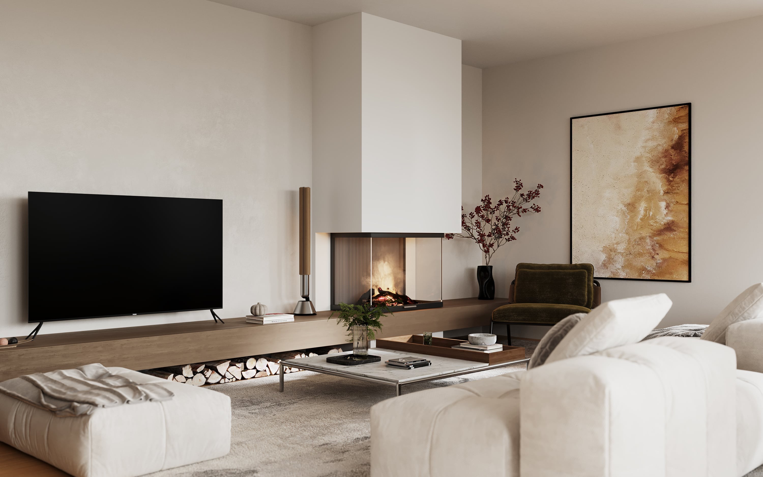 3D Visualization of living room with chimney in penthouse in new building in Othmarscher Kirchenweg Hamburg, Germany