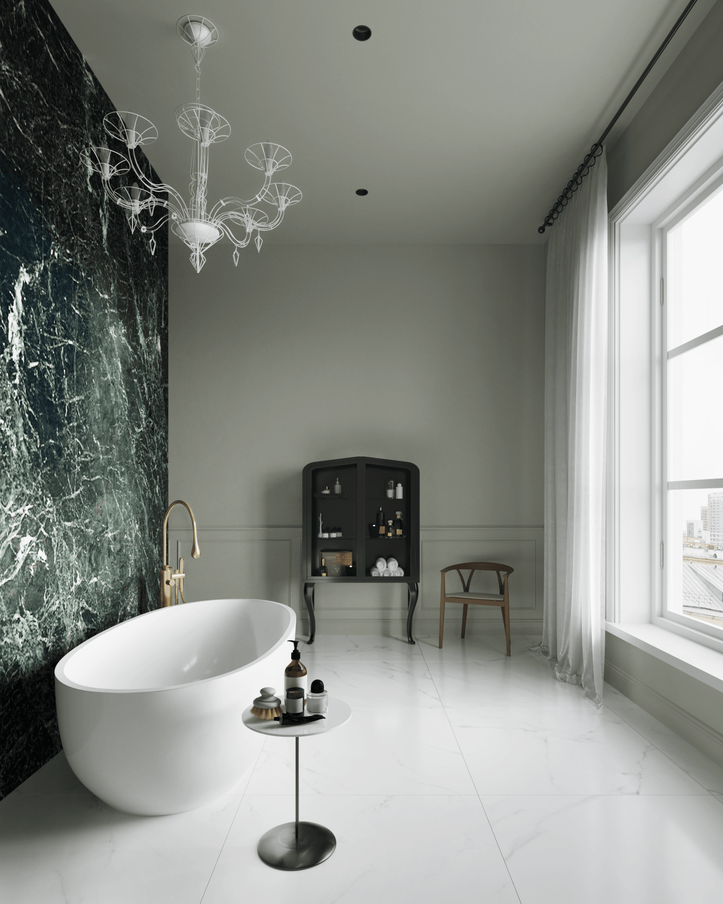 3D Visualization of the master bathroom with the free standing bathtub in the luxury apartment in Hamburg Germany