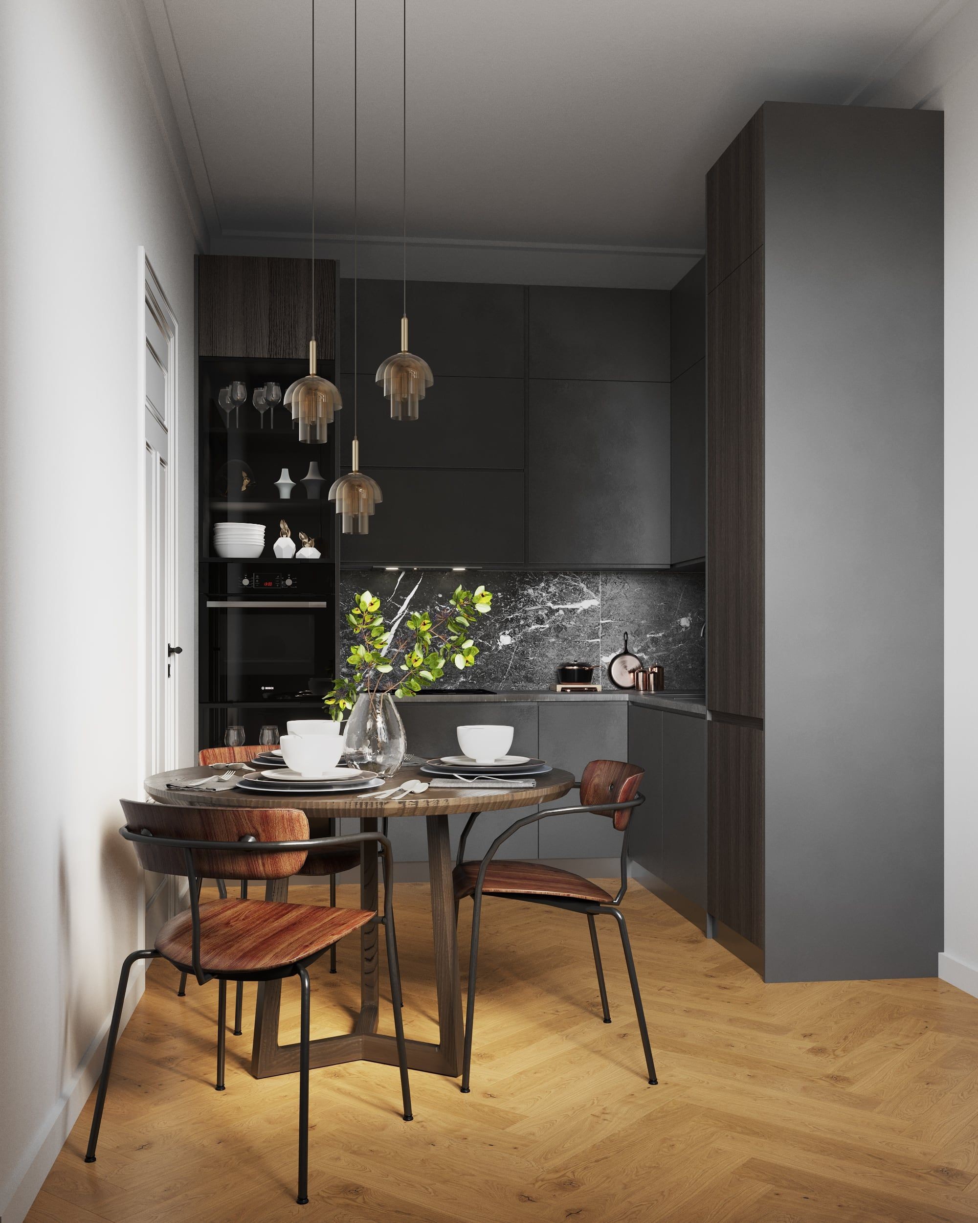 3D Architectural Visualization of Kitchen with dining area in a small apartment in Hindenburgstraße Erlangen, Germany