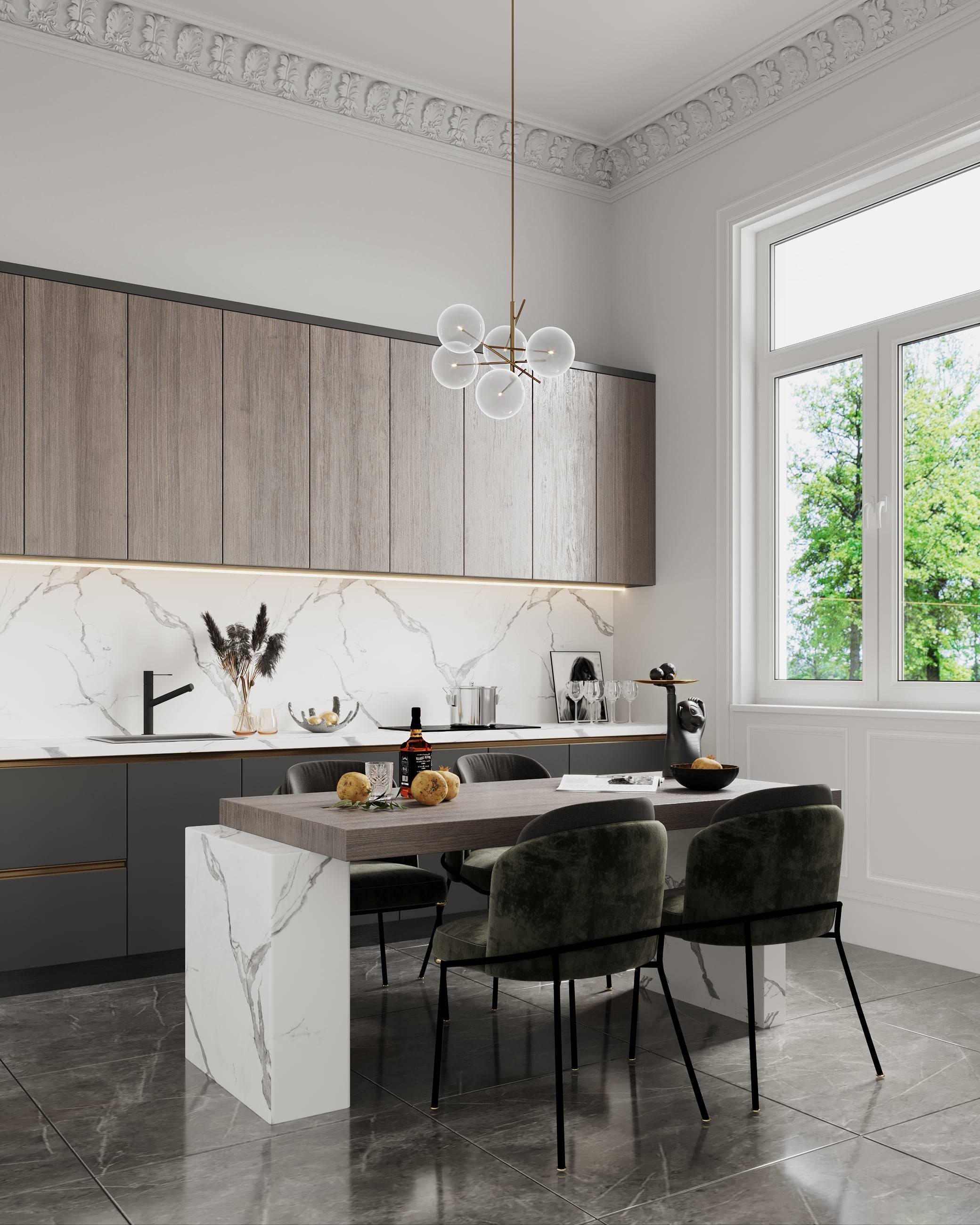 3D Visualization of kitchen with kitchen island in renovated historical apartment in Fliederstrasse, Hamburg