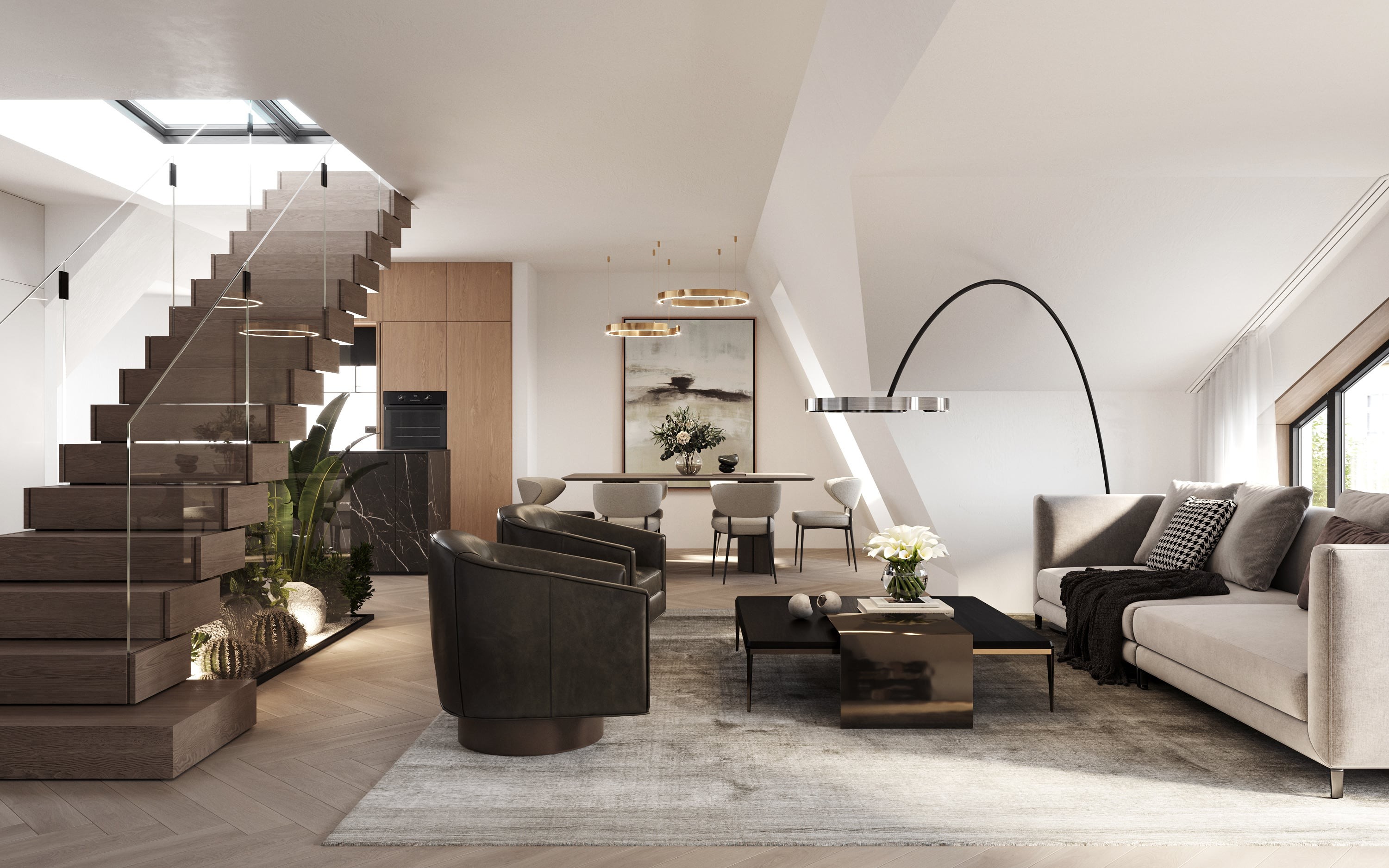 3D Interior Visualization of the living room with staircase in Hamburg