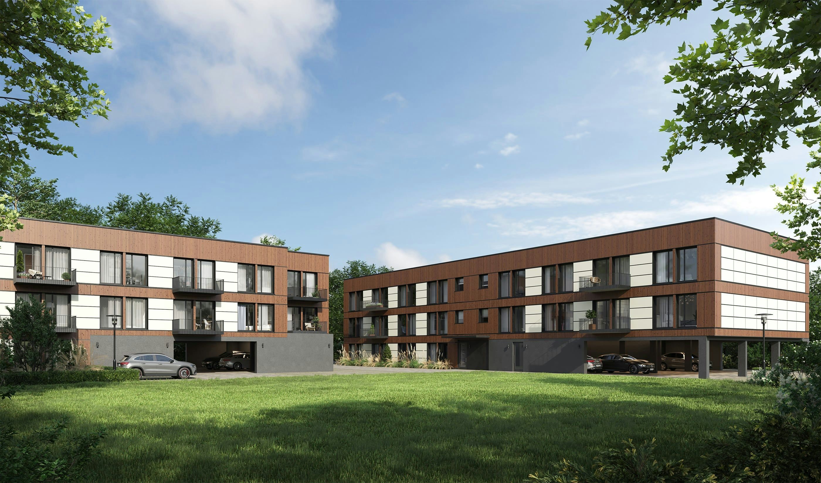 3D Architektur Außenvisualisierung eines vorgefertigten modularen Mehrfamilienhauses mit Garage in Lauingen, Deutschland