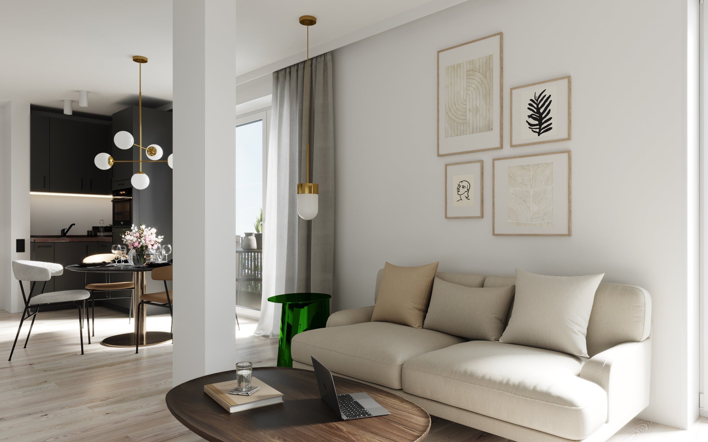 3D Interior Visualization of living space in open space penthouse flat in multi family house in Hamburg Eimsbüttel, Germany