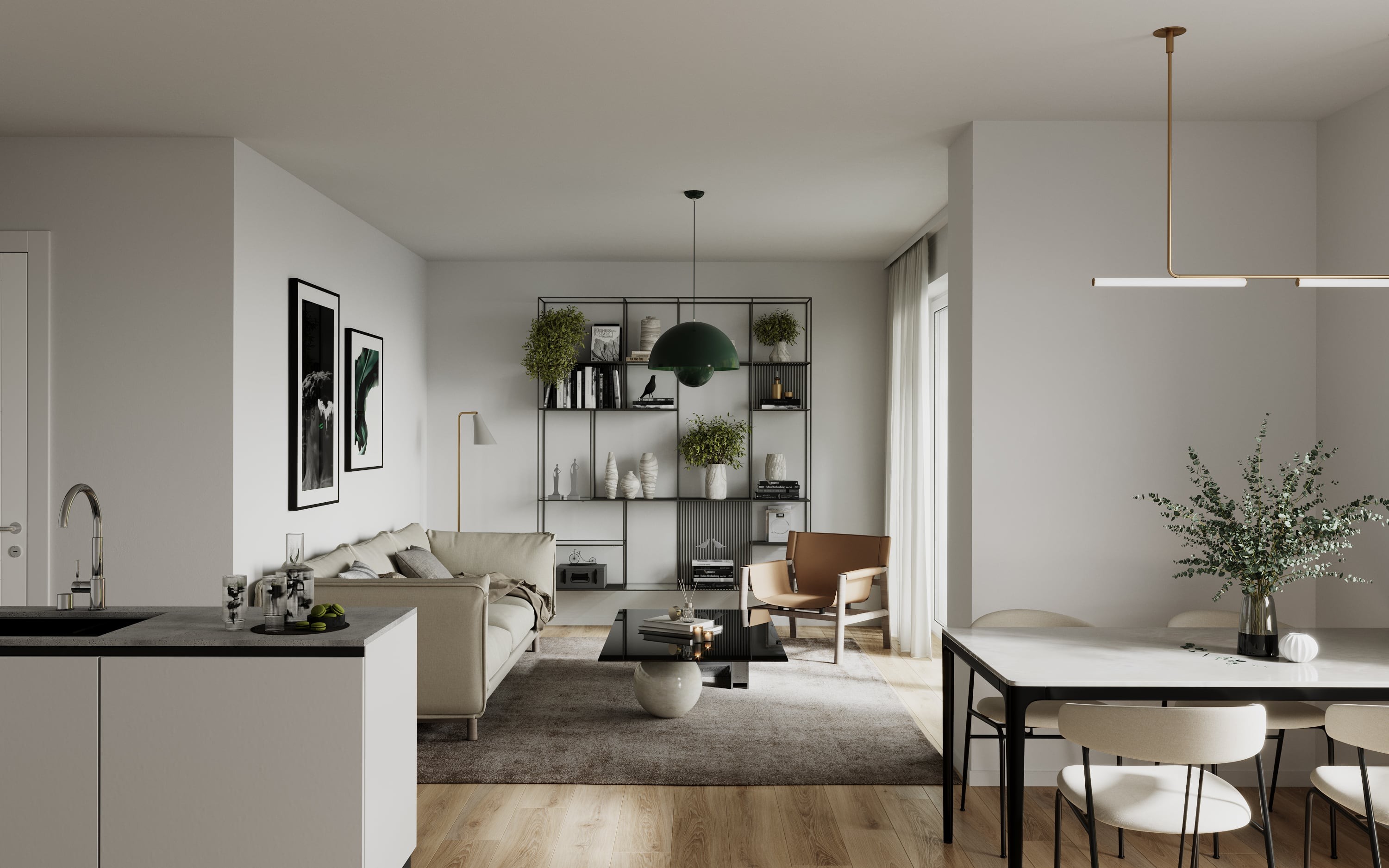 3D Interior Visualization of living room with dining space and kitchen in Grothwisch Hamburg, Germany 